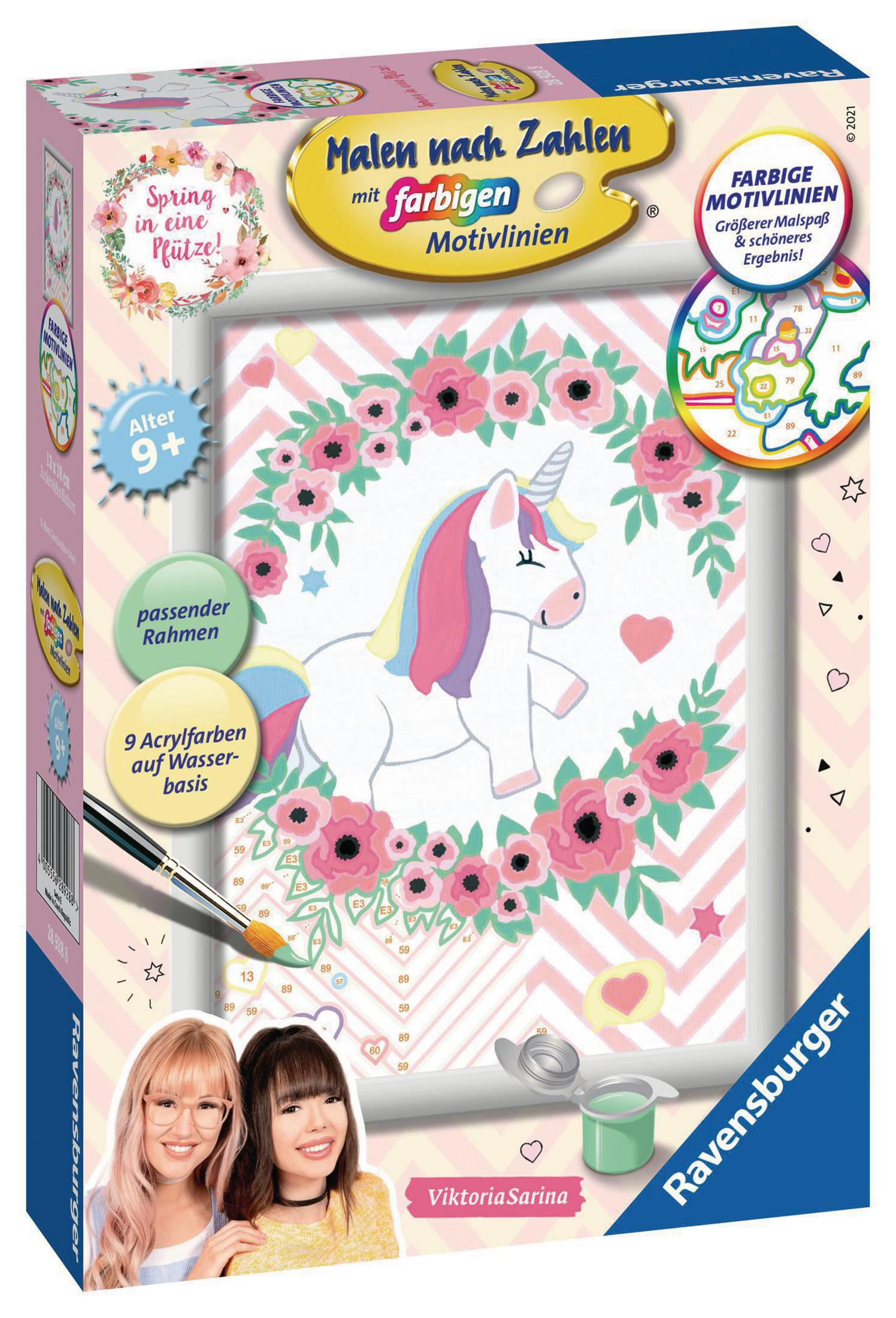 Malen nach Zahlen Set mit Einhorn, Blumen und zwei Frauen. Die Box hat einen Rahmen.
