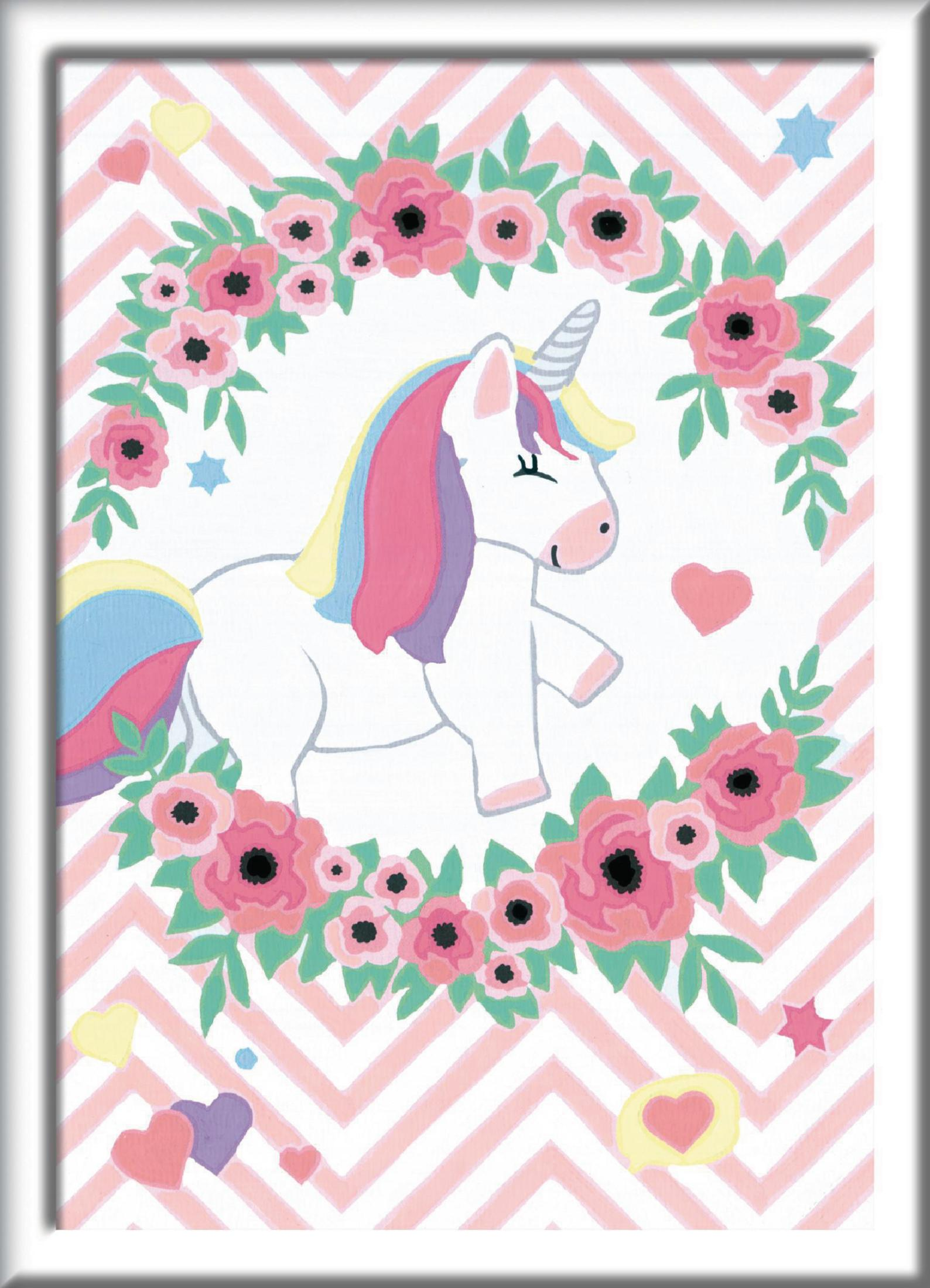 Einhorn mit einem rosa-weißen Blumenkranz auf einem rosa Zickzack-Hintergrund.