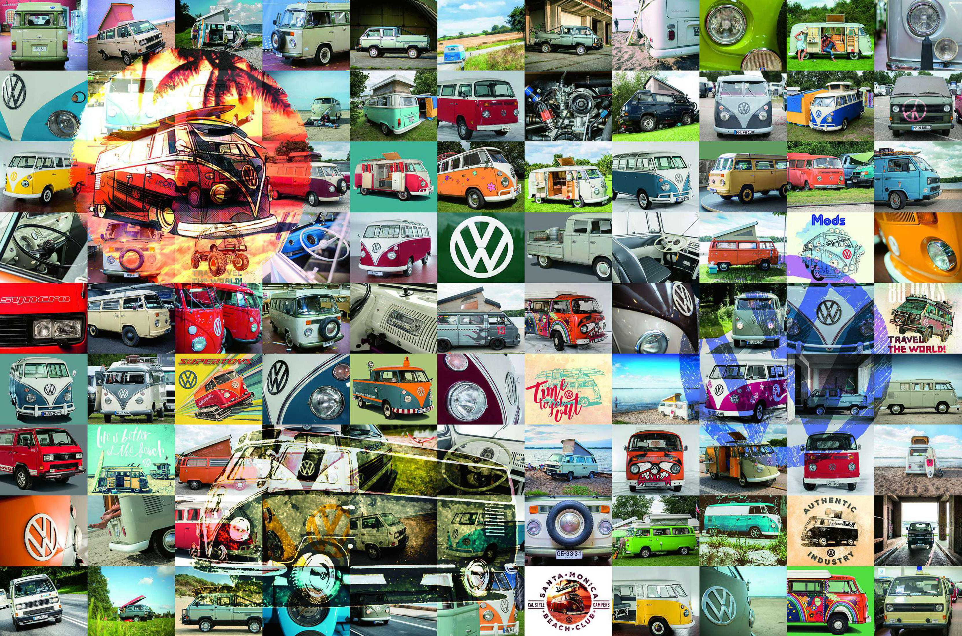 Kolaż zdjęć furgonetek Volkswagena. Różne furgonetki są wyświetlane w różnych ustawieniach i stylach.