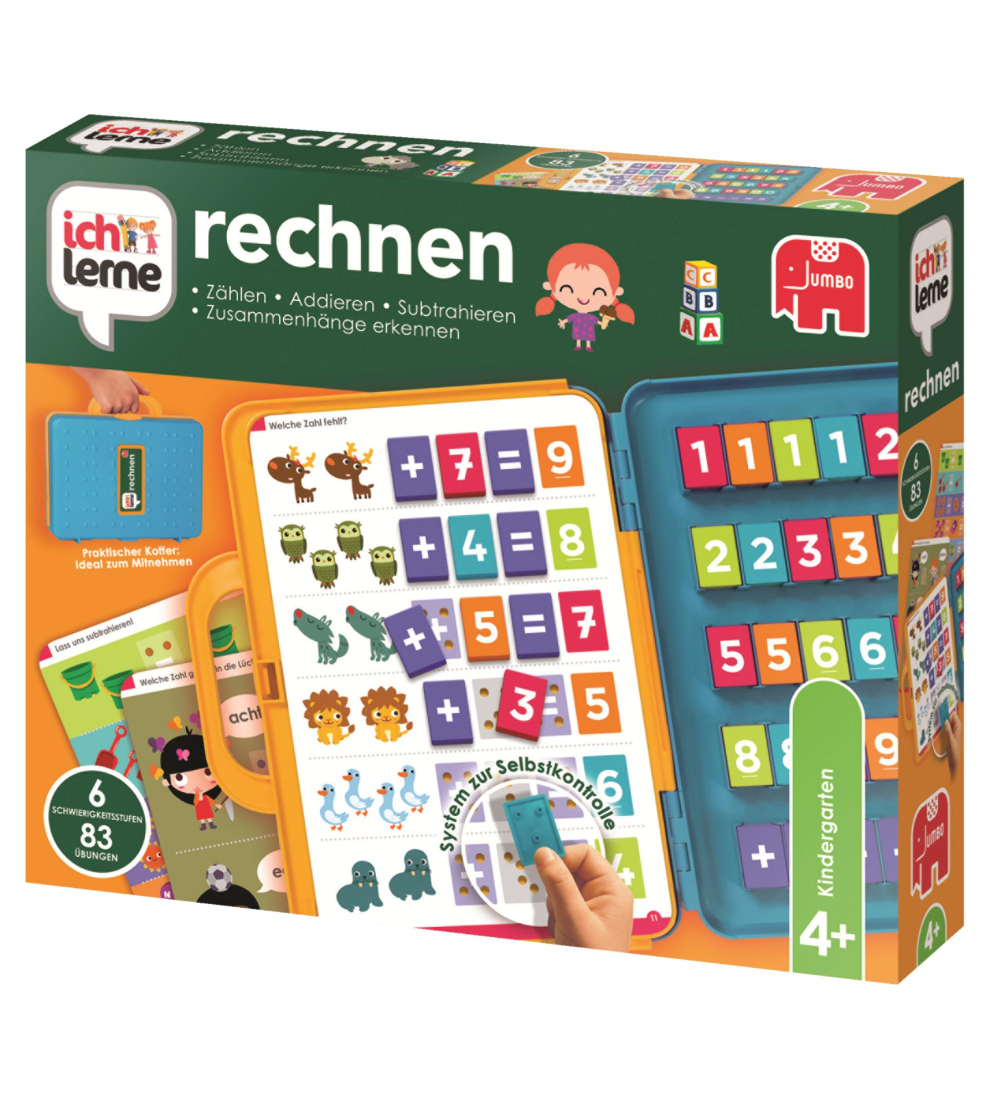 Eine Lernspielzeugbox mit Matheaufgaben und bunten Zahlen, um Kindern zu helfen.