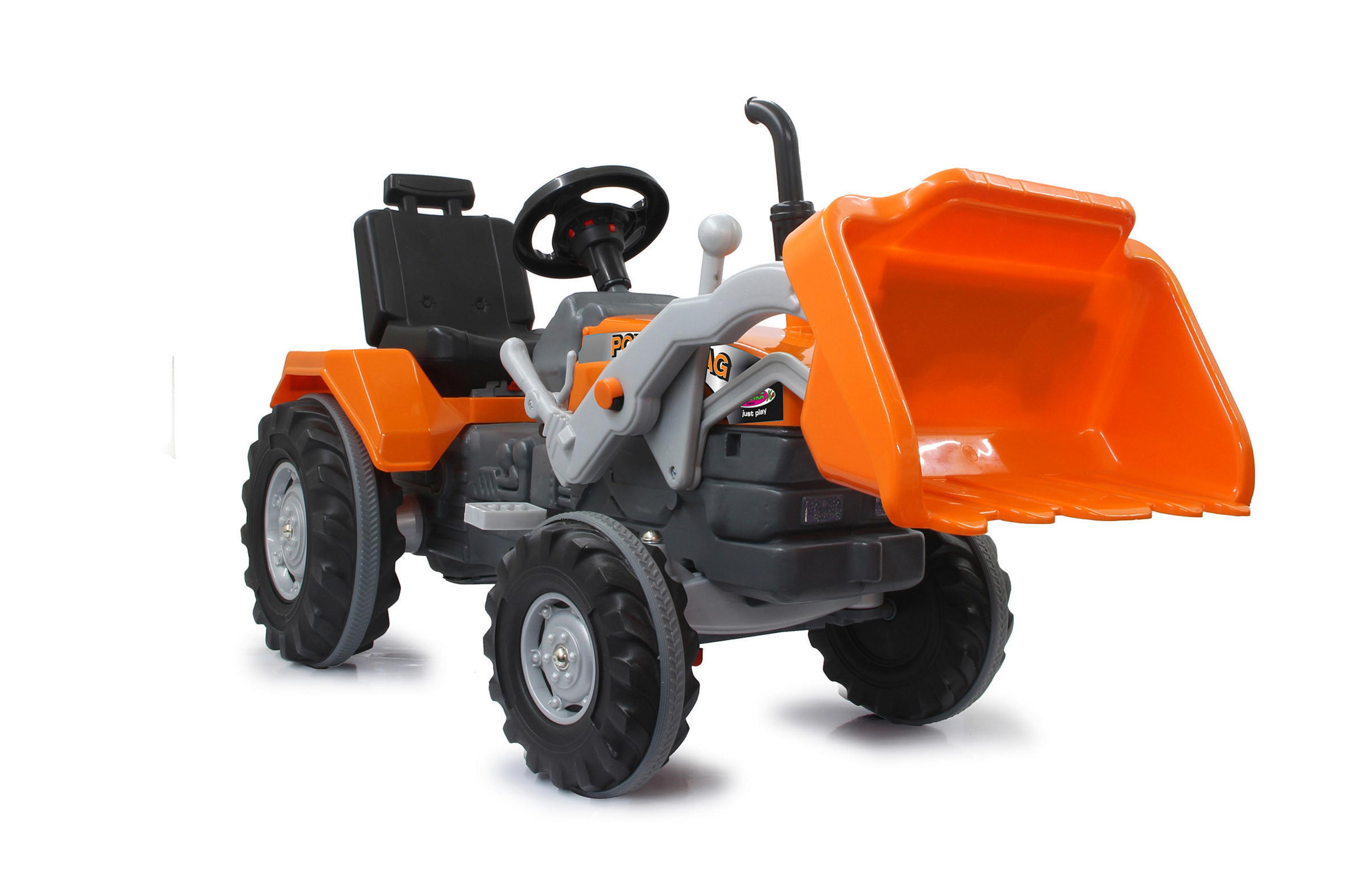 Oranger und grauer Spielzeugtraktor mit Frontlader. Er befindet sich auf weißem Hintergrund.