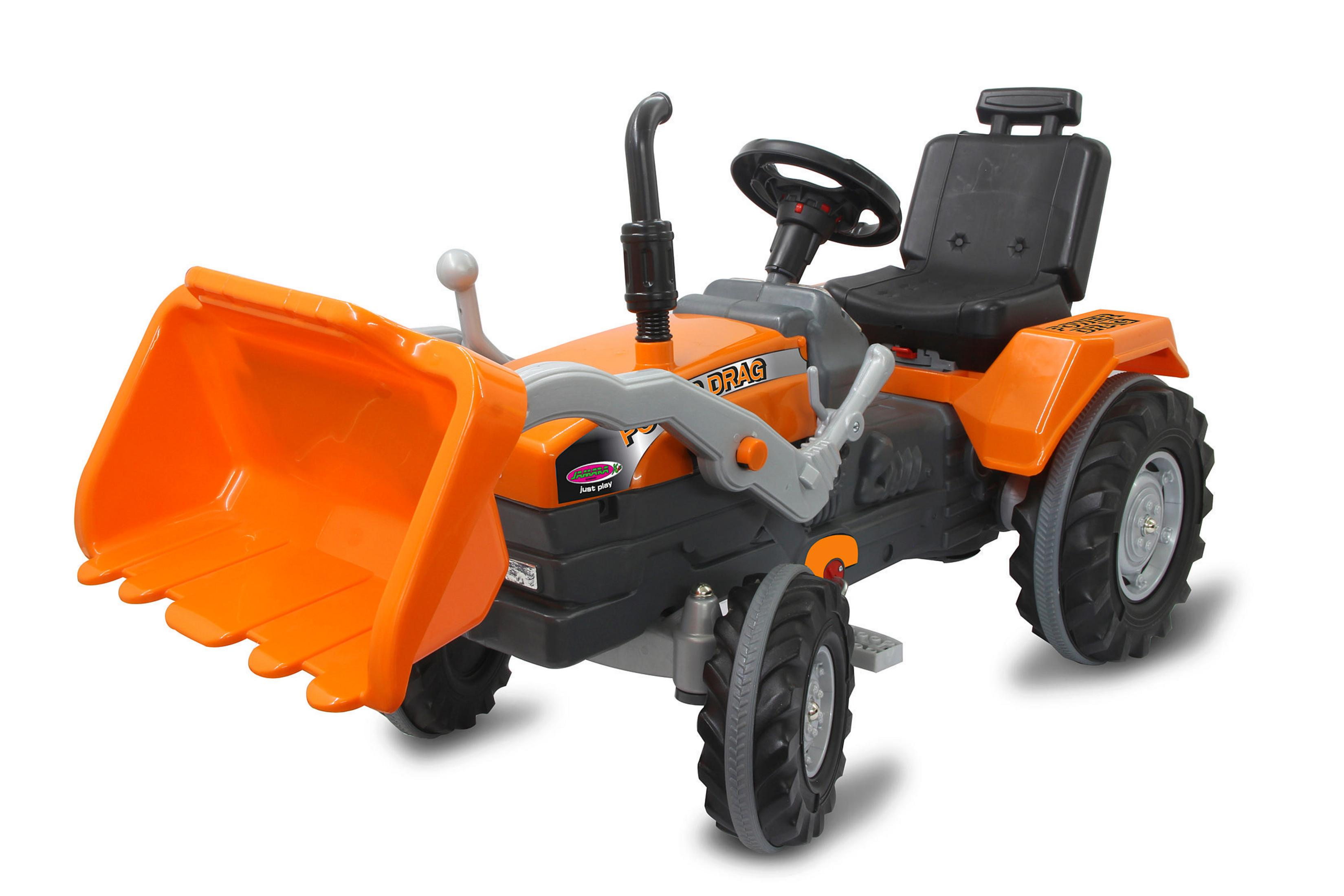 Oranger Spielzeugtraktor mit Frontlader. Er hat schwarze Reifen und einen schwarzen Sitz.
