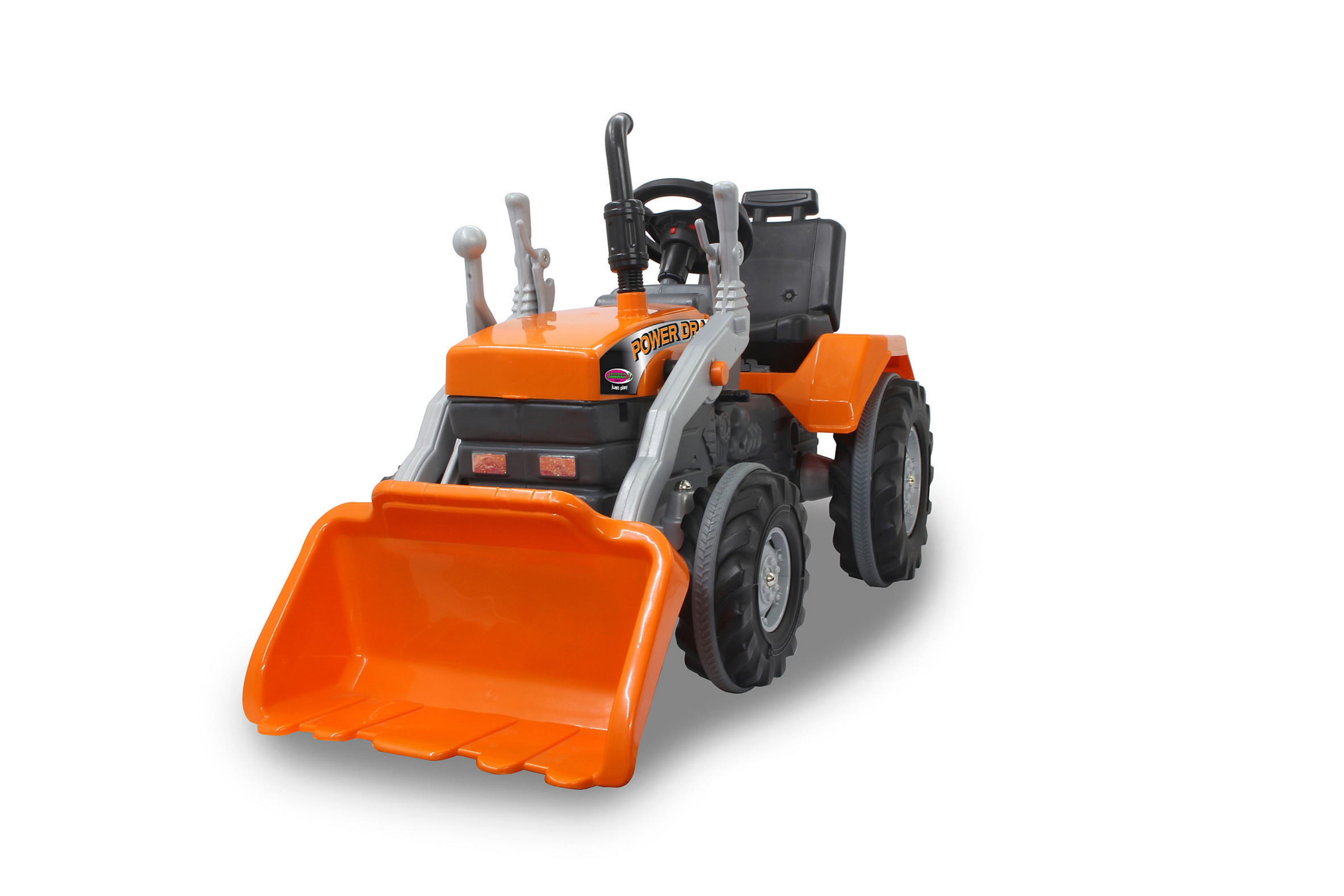 Ein orangefarbener und grauer Spielzeugtraktor mit Frontlader auf weißer Oberfläche.