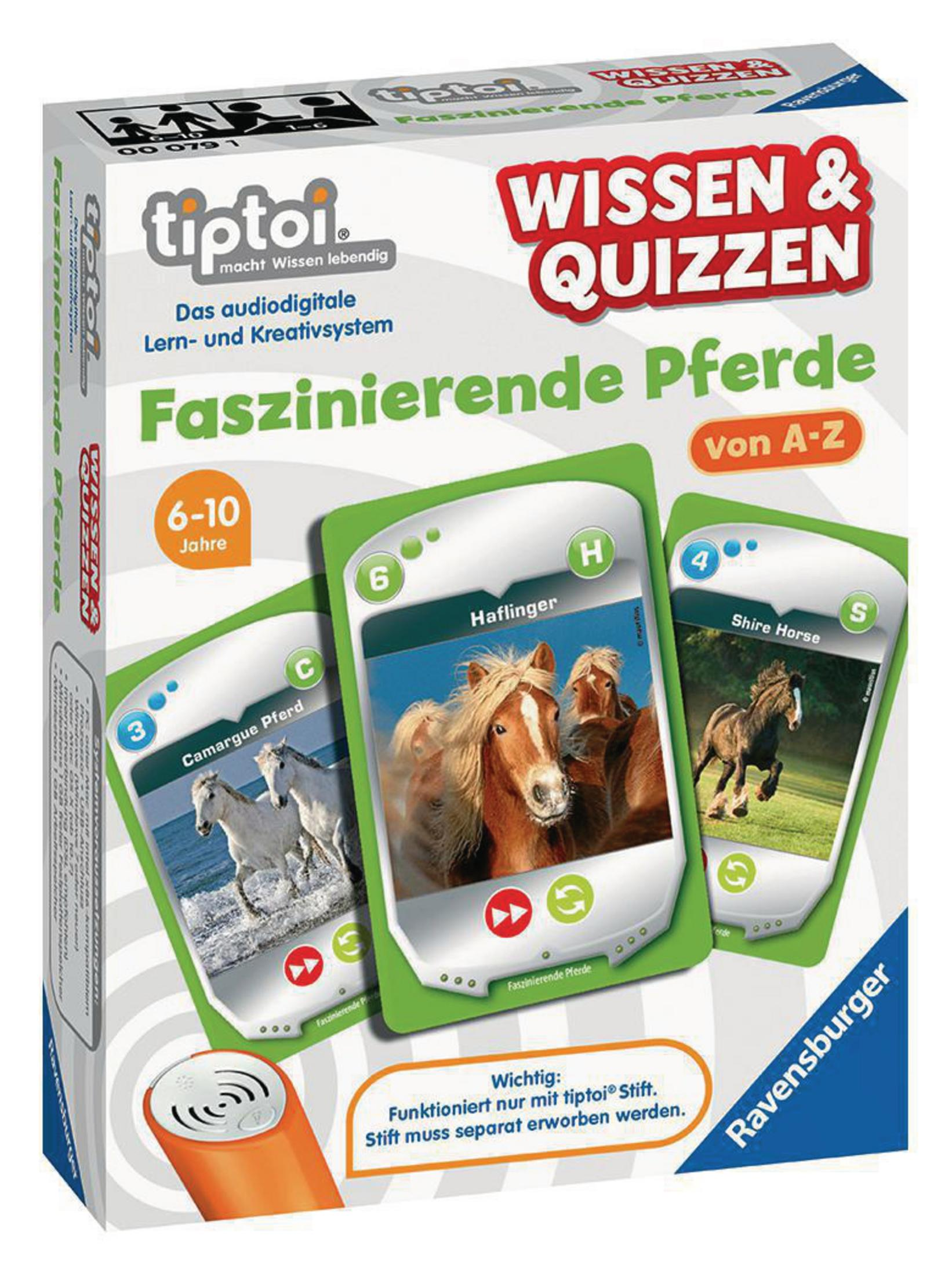 Tiptoi-Box mit drei Pferdekarten, einem orangefarbenen Stift und Text. Der Hintergrund ist weiß.