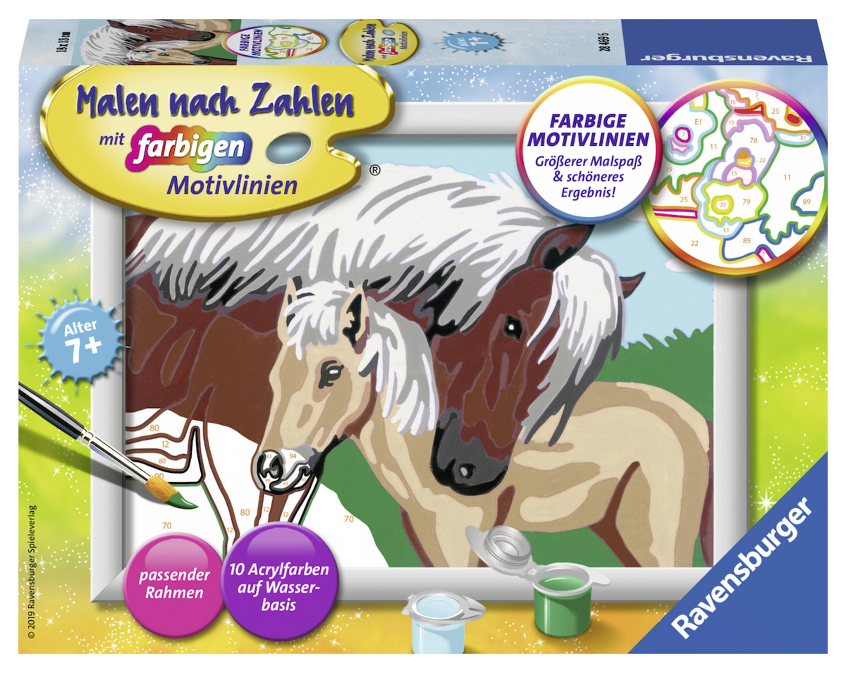 Box für ein Malen-nach-Zahlen-Set mit Pferden. Enthält Farbe und einen Pinsel.