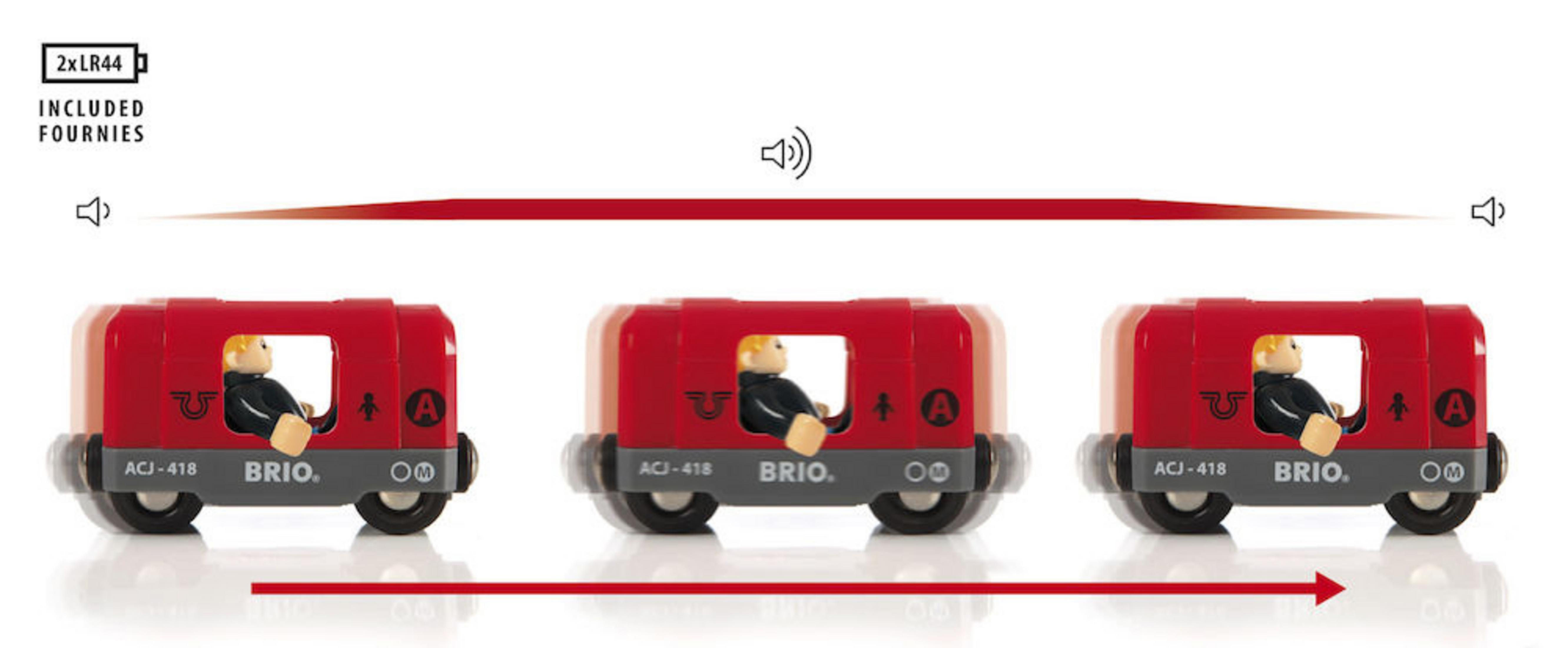 Trzy zabawki wagonów kolejowych poruszających się sekwencyjnie, z falą dźwiękową powyżej.