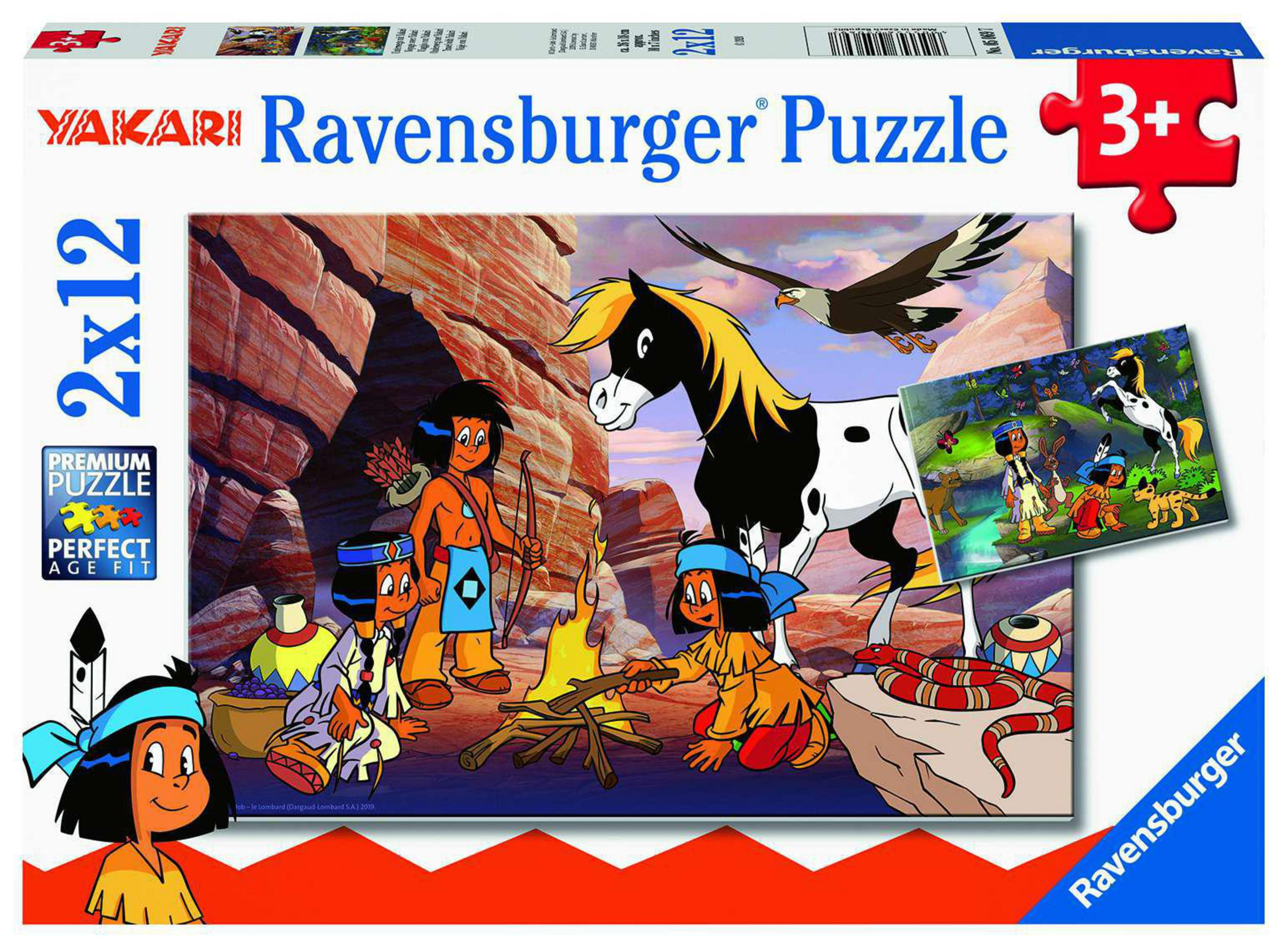 Pudełko z puzzlami Ravensburger Yakari. Przedstawia Yakari, konia i inne postacie rdzennych Amerykanów.
