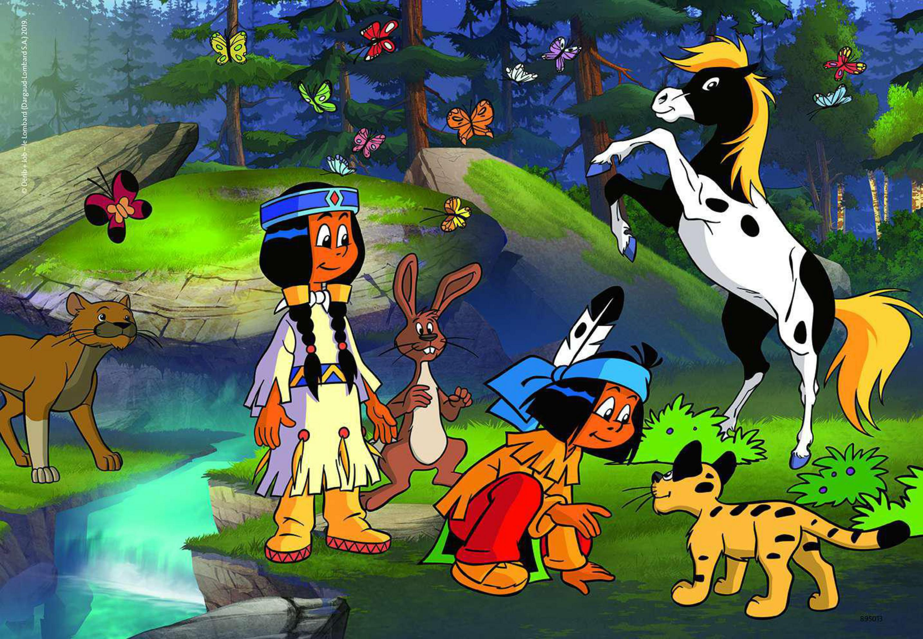 Scena z kreskówki: Dwoje indiańskich dzieci, koń, kot, puma i królik w lesie z motylami.