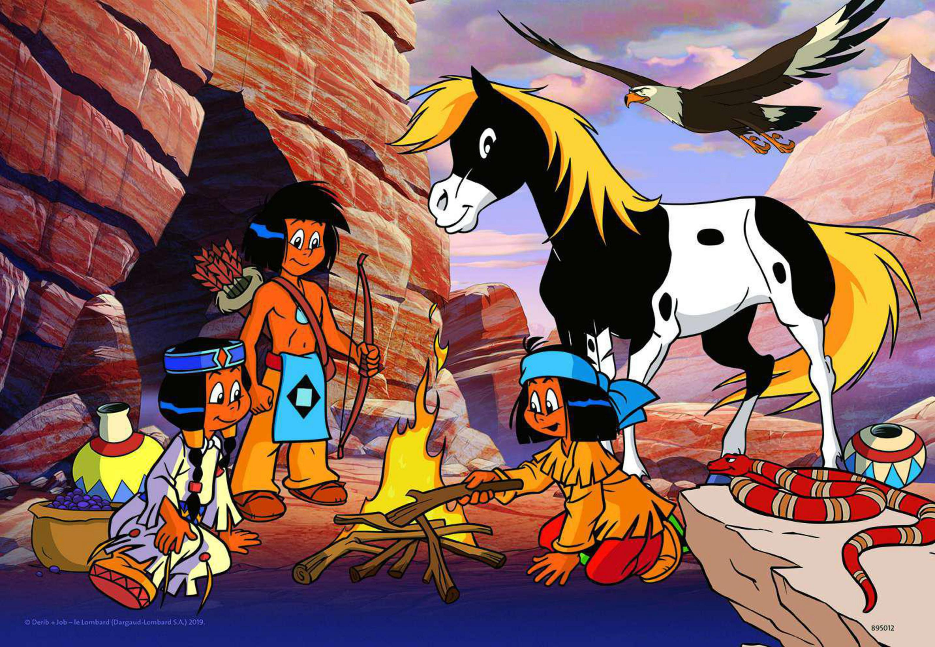 Scena z kreskówki Indian wokół ogniska, z koniem i szybującym nad nim orłem.