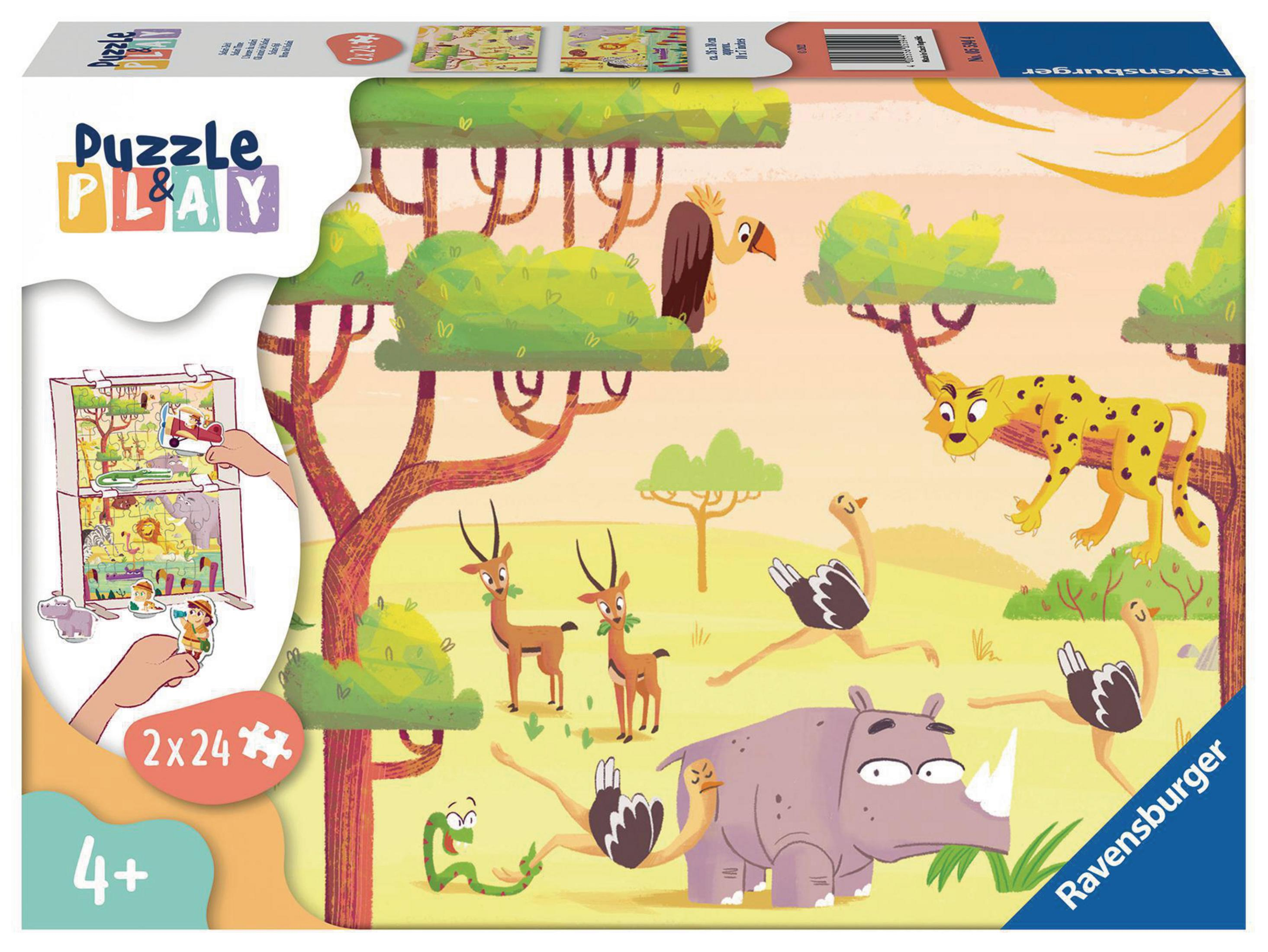 Pudełko z puzzlami Ravensburger. Przedstawia scenę z sawanny z zwierzętami.