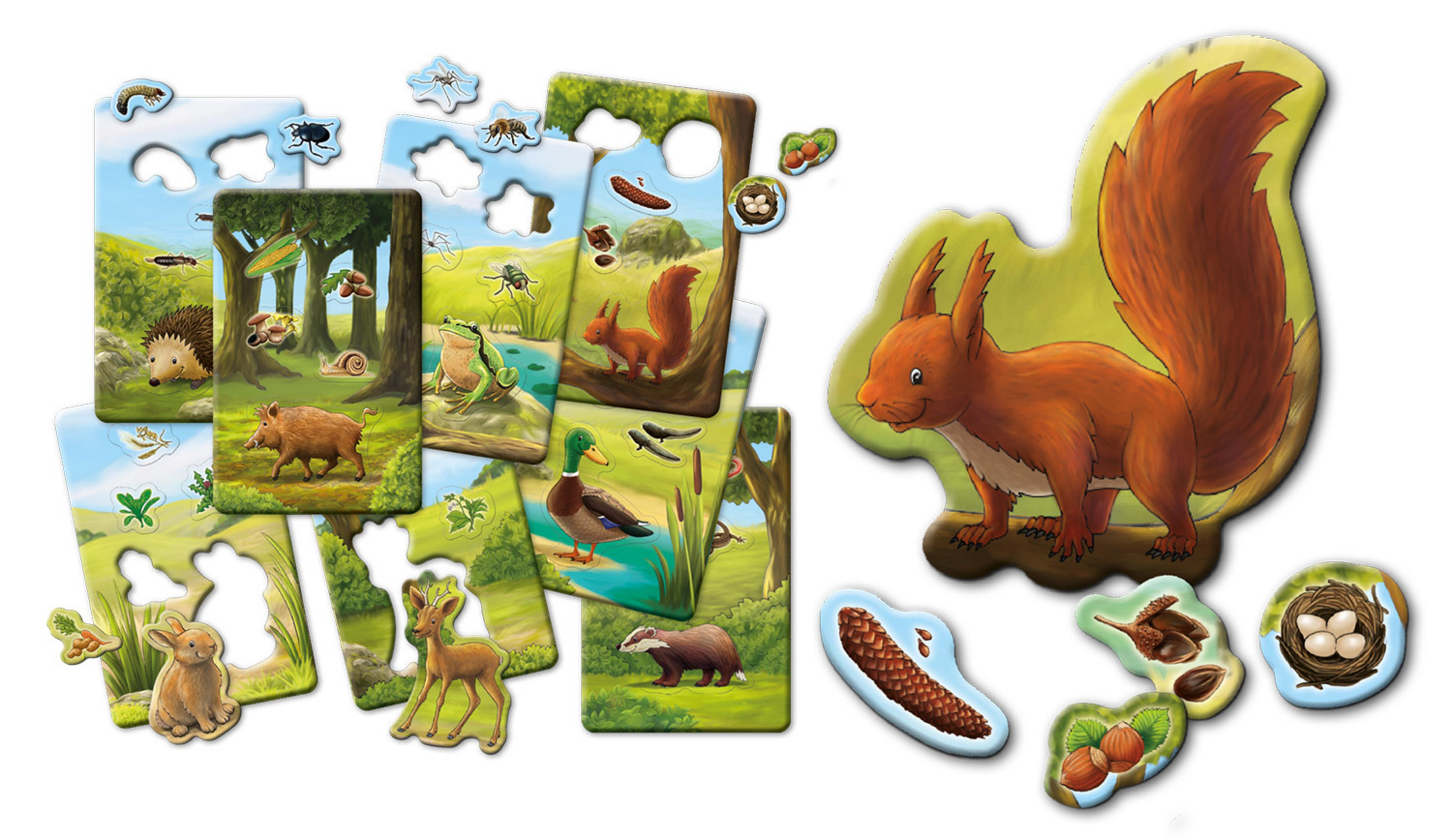 Ein Puzzlespiel mit Waldtieren wie Eichhörnchen, Hirschen und einem Dachs.