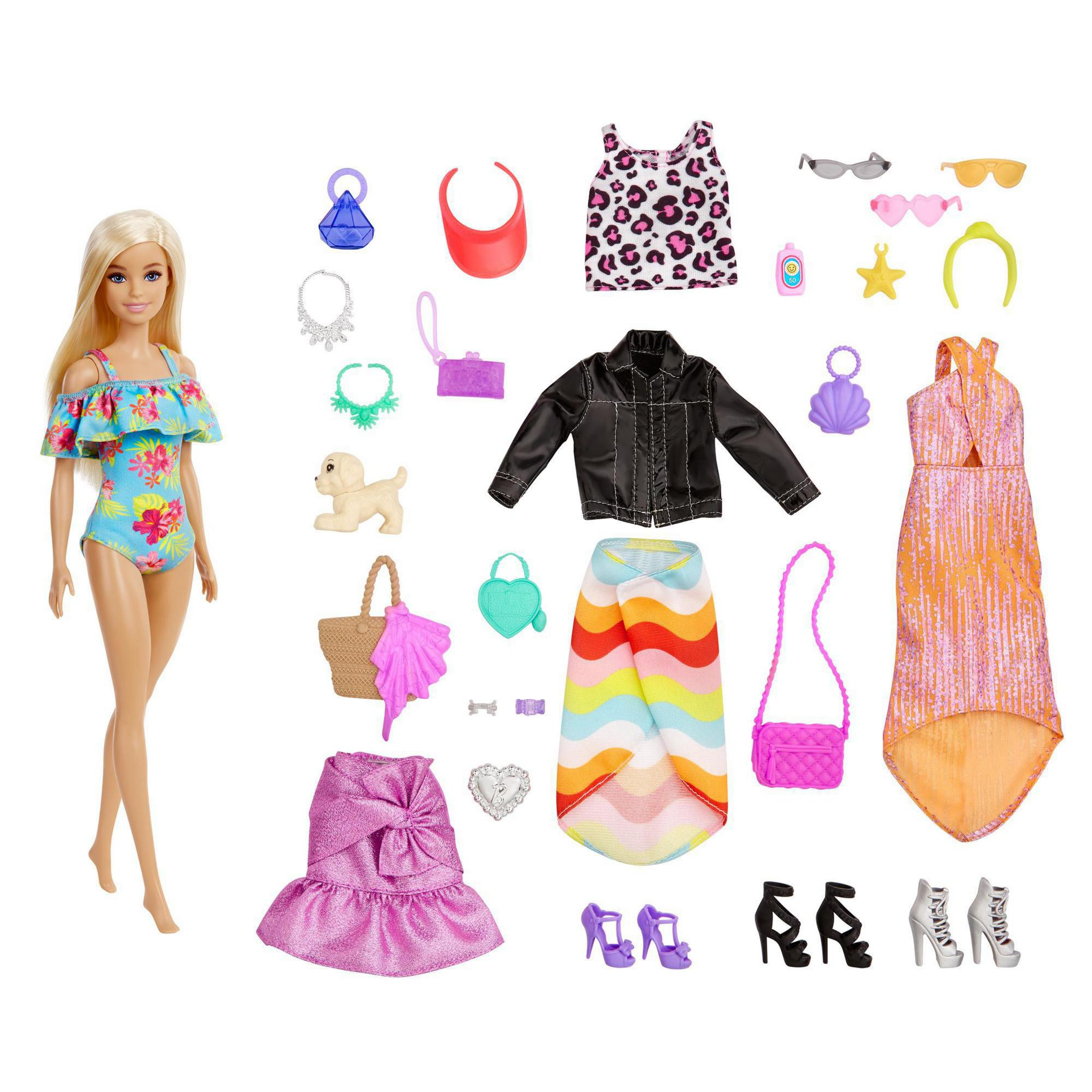 Eine Barbie-Puppe mit verschiedenen Modeaccessoires wie Kleidern, Schuhen, Taschen und Schmuck.