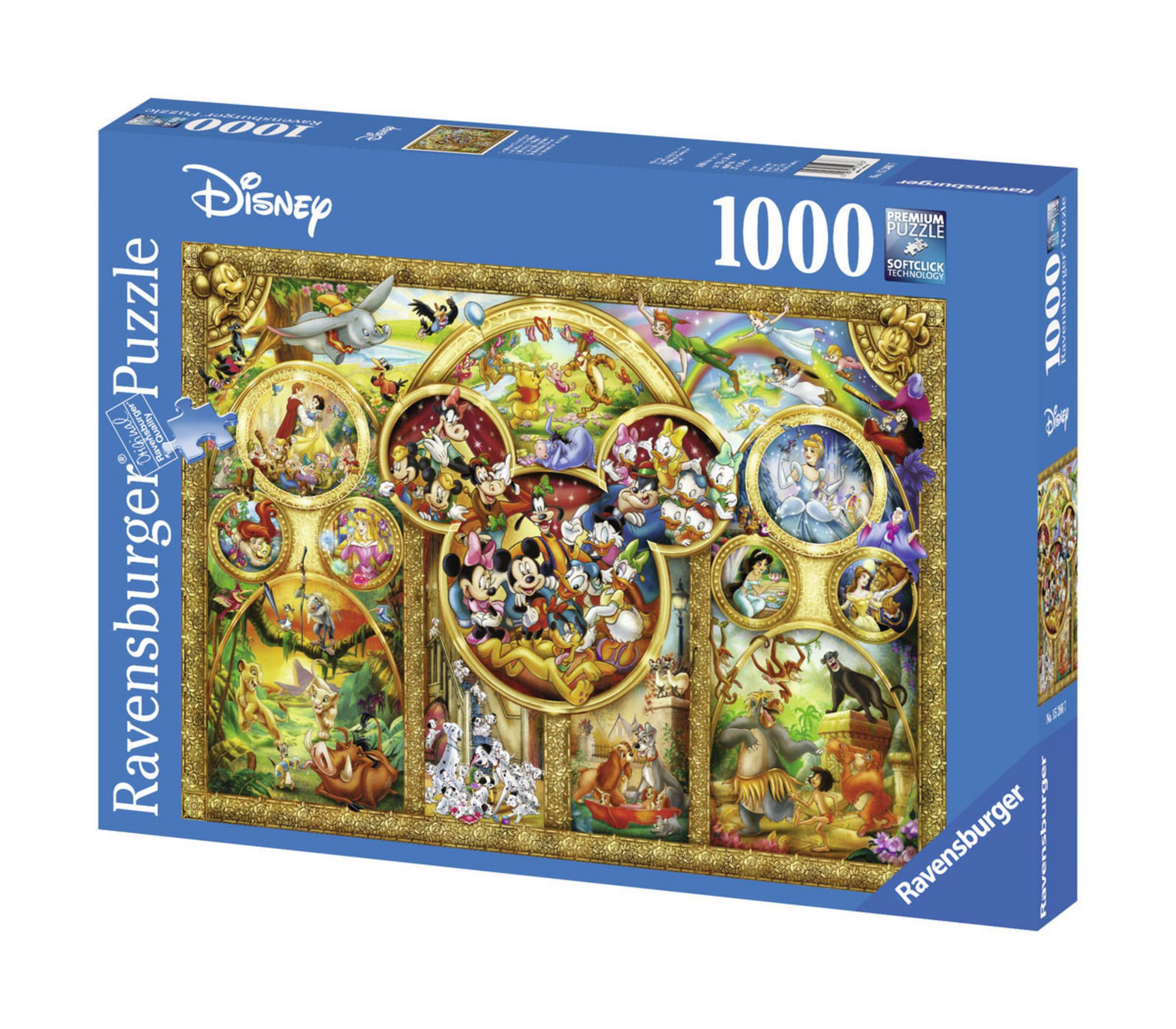 Disney 1000-teiliges Puzzle mit verschiedenen Zeichentrickfiguren, bunt und detailliert.