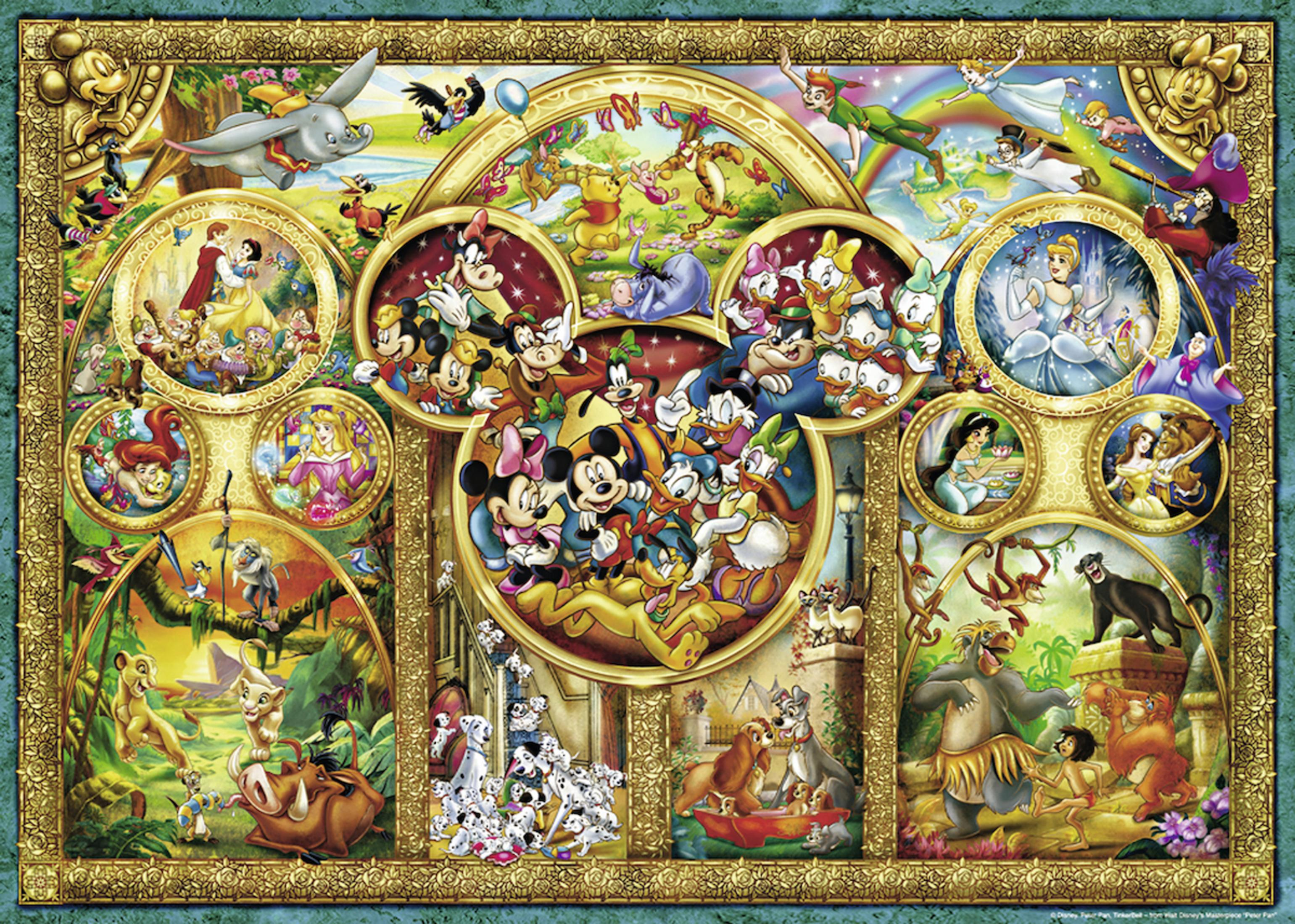 Ein Disney-Puzzle mit verschiedenen Charakteren in einem farbenfrohen, verzierten Design.