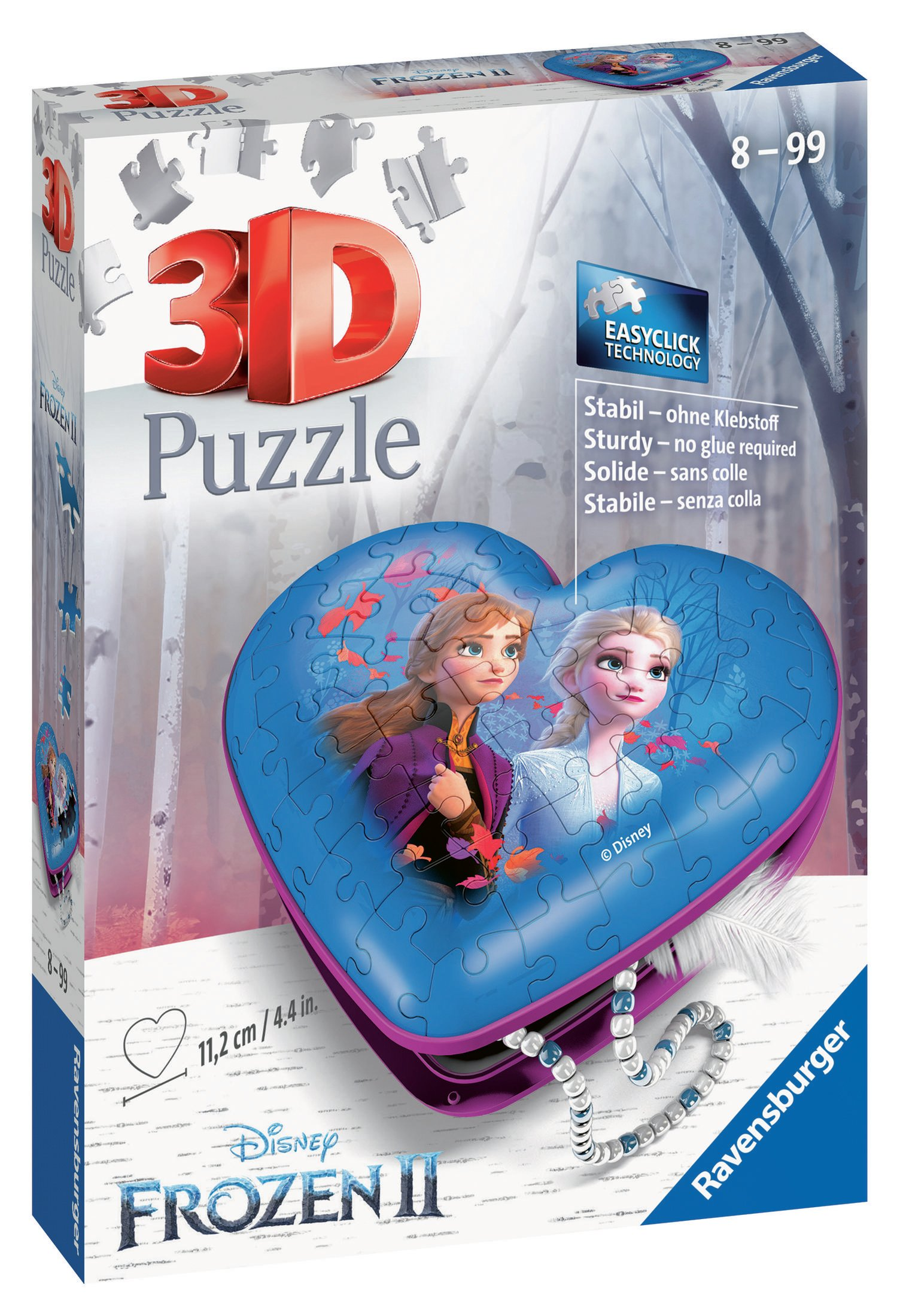 Eine 3D Frozen II Puzzledose, herzförmig, mit Anna und Elsa darauf.