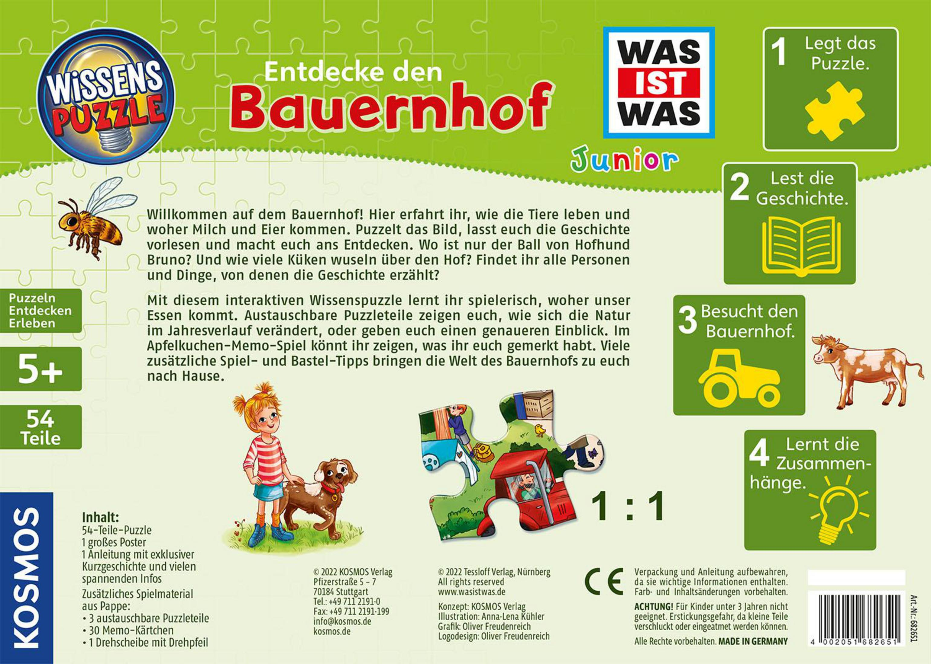 Pudełko z puzzlami dla dzieci zatytułowane 'Entdecke den Bauernhof', z ilustracjami i tekstem.