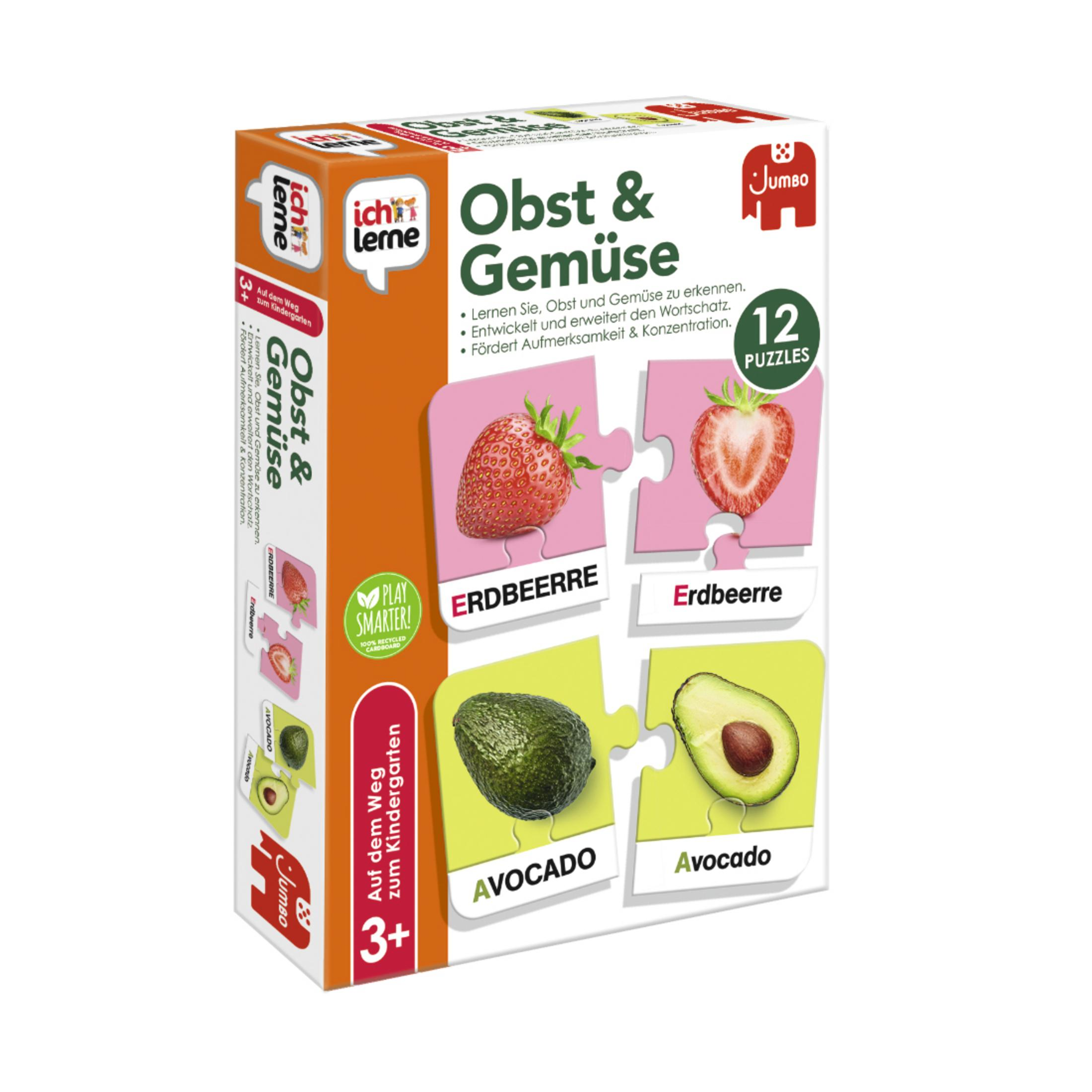 Eine Puzzledose mit Bildern von Früchten. Erdbeere und Avocado werden für Kinder gezeigt.