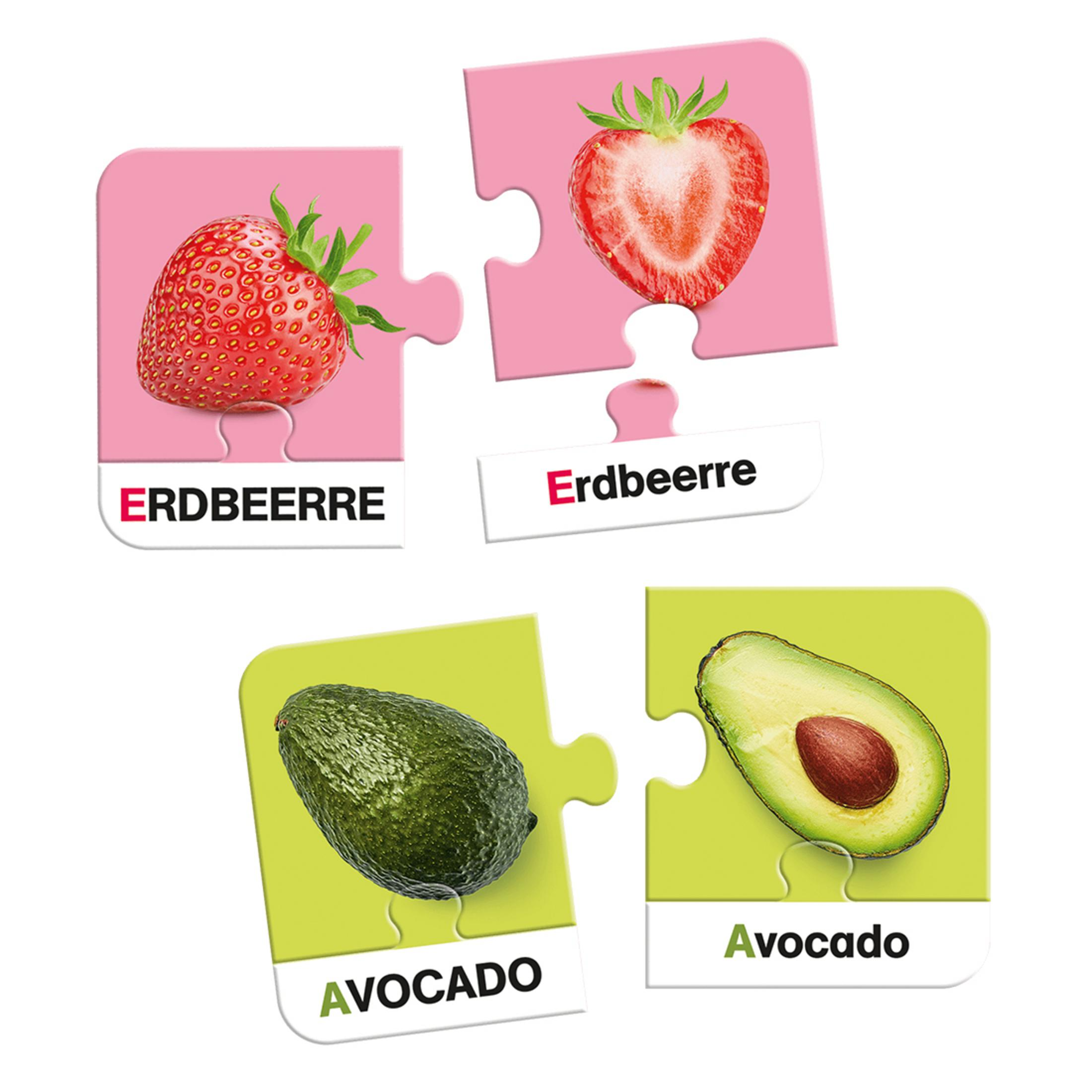Puzzleteile einer Erdbeere und einer Avocado. Deutsche Wörter stehen auf den Puzzleteilen.