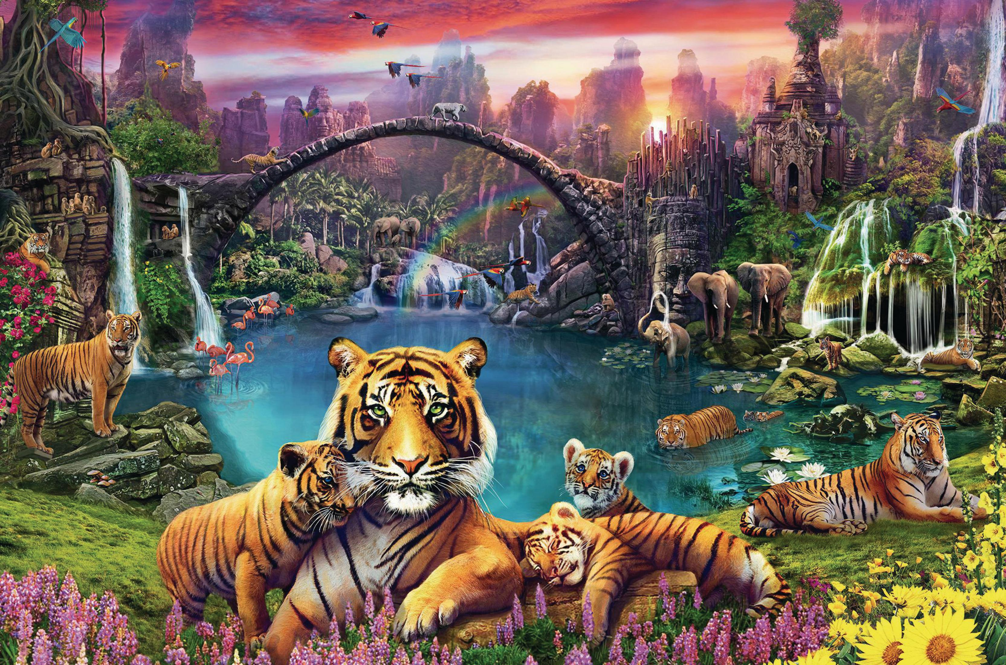 Ein farbenfrohes Puzzle mit Tigern, einer Brücke und einem Wasserfall. Die Szene spielt im Dschungel.