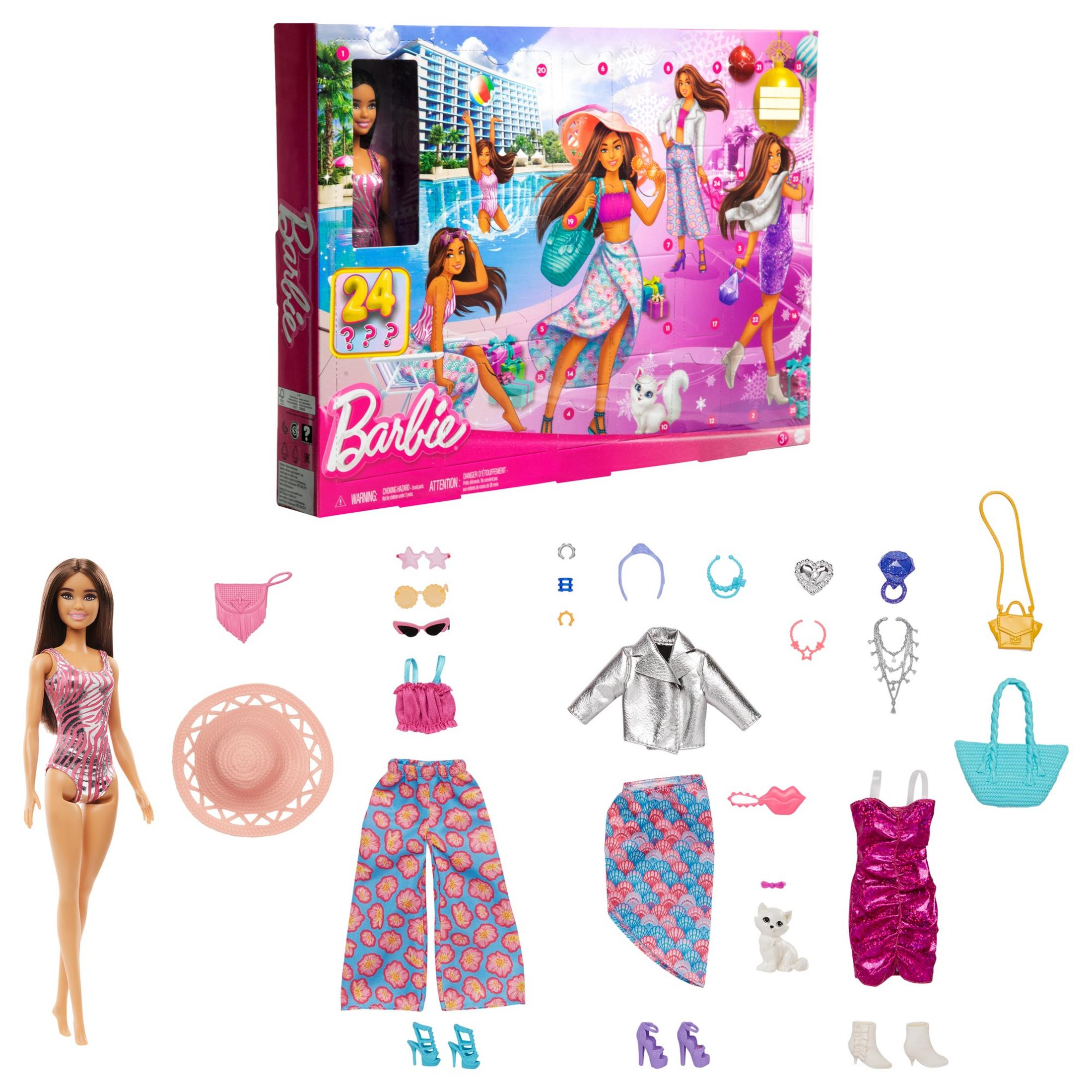 Kalendarz adwentowy Barbie z akcesoriami i lalką Barbie. Różne elementy garderoby i drobne akcesoria.