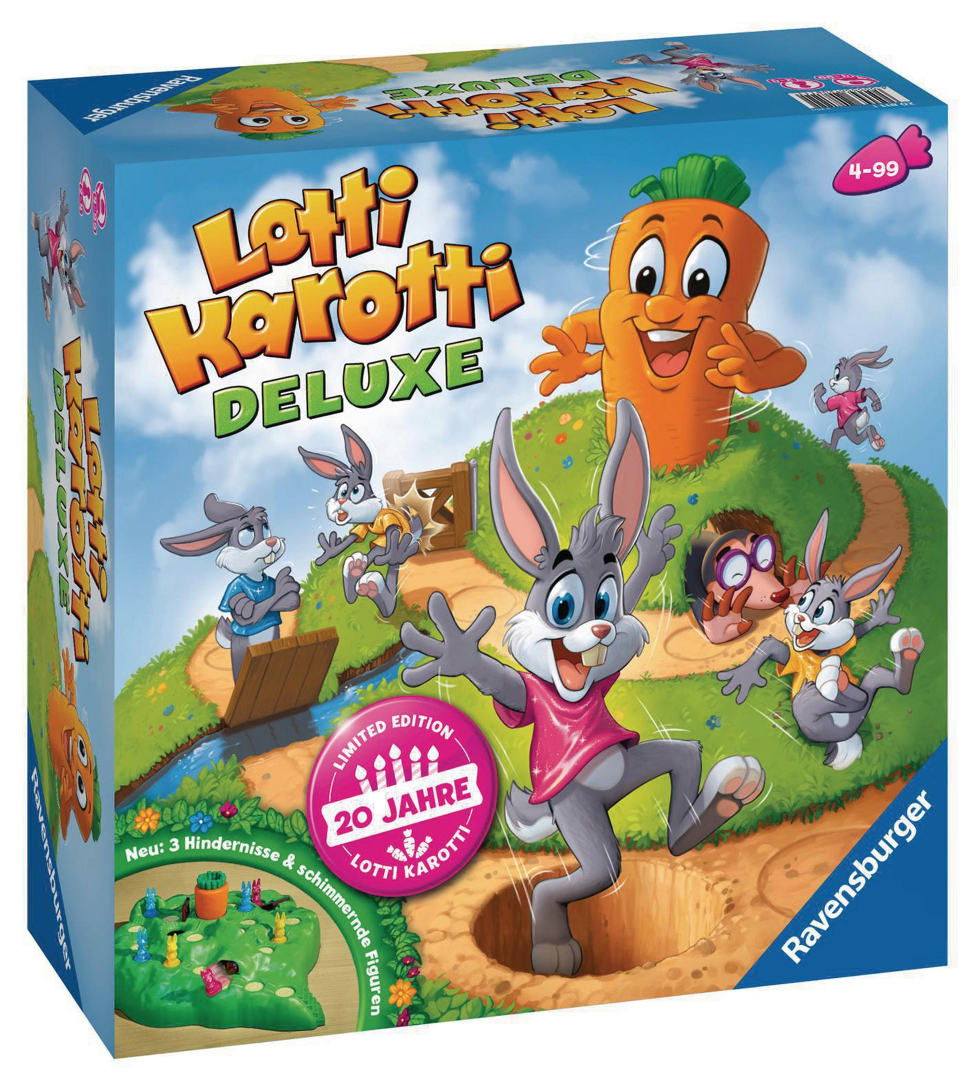 Schachtelkunst für ein Spiel. Hasen und eine Karotte sind abgebildet. Das Spiel heißt Lotti Karotti Deluxe.