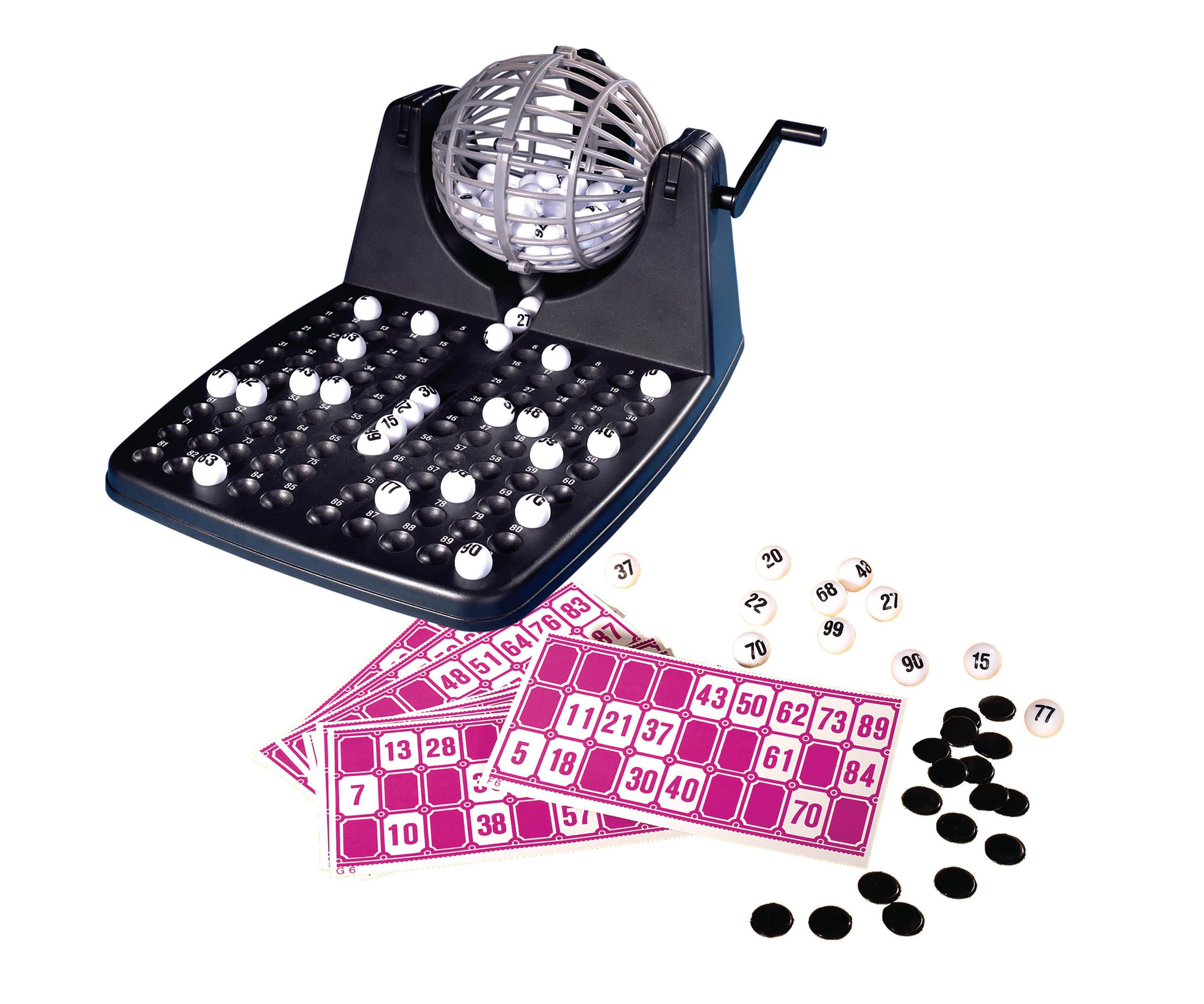 Bingo-Set mit Käfig, Kugeln und Karten. Schwarzer Käfig, rosa Karten und weiße Kugeln.
