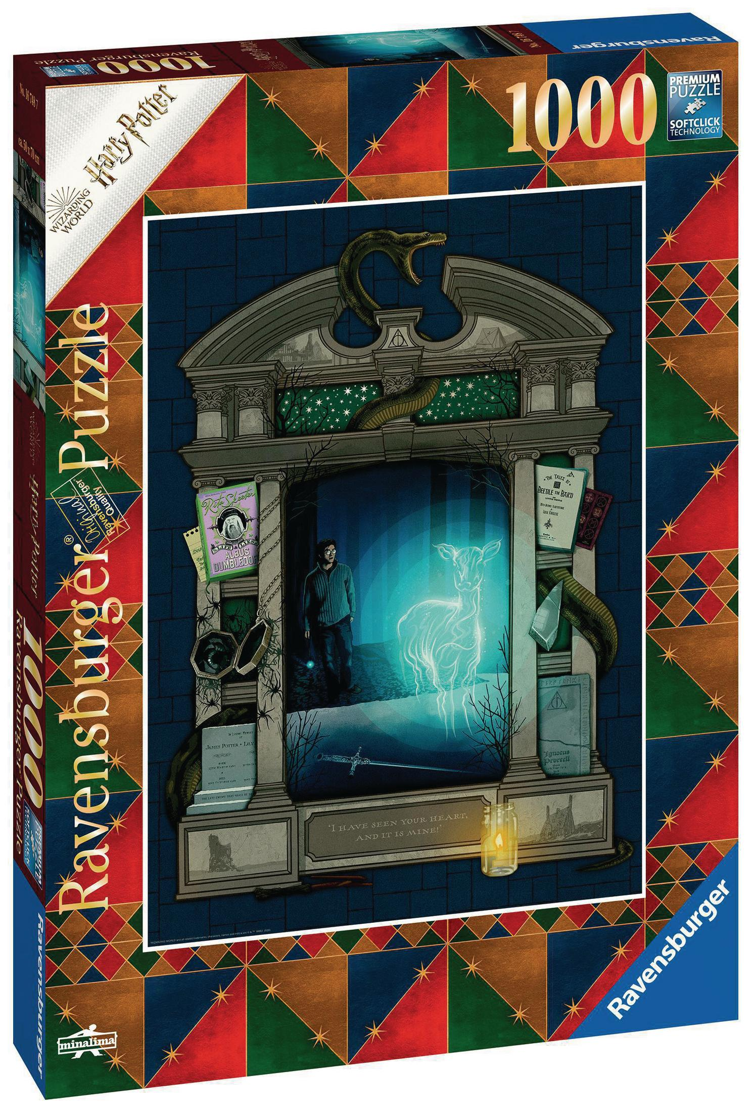 Pudełko z puzzlami Harry Potter 1000 elementów. Grafika przedstawia scenę z świecącym jeleniem w przejściu.