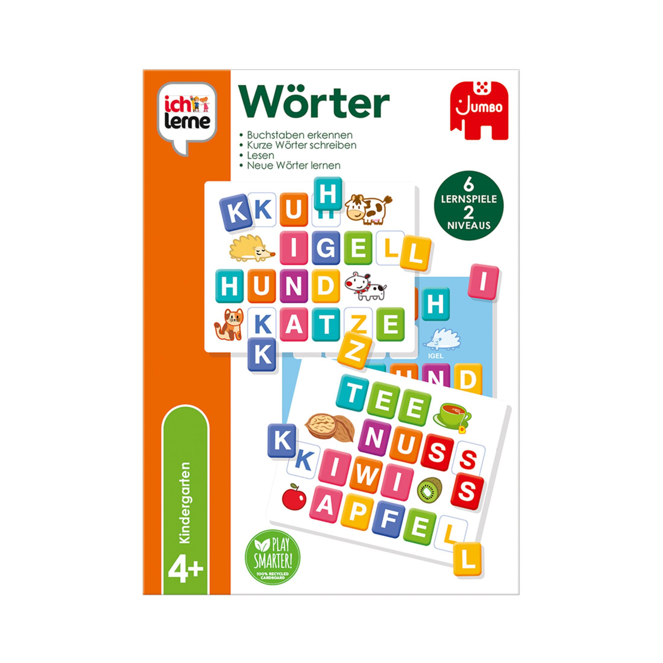 Wörter lernen Spielzeugset. Box zeigt Bilder von Wörtern und Buchstaben.