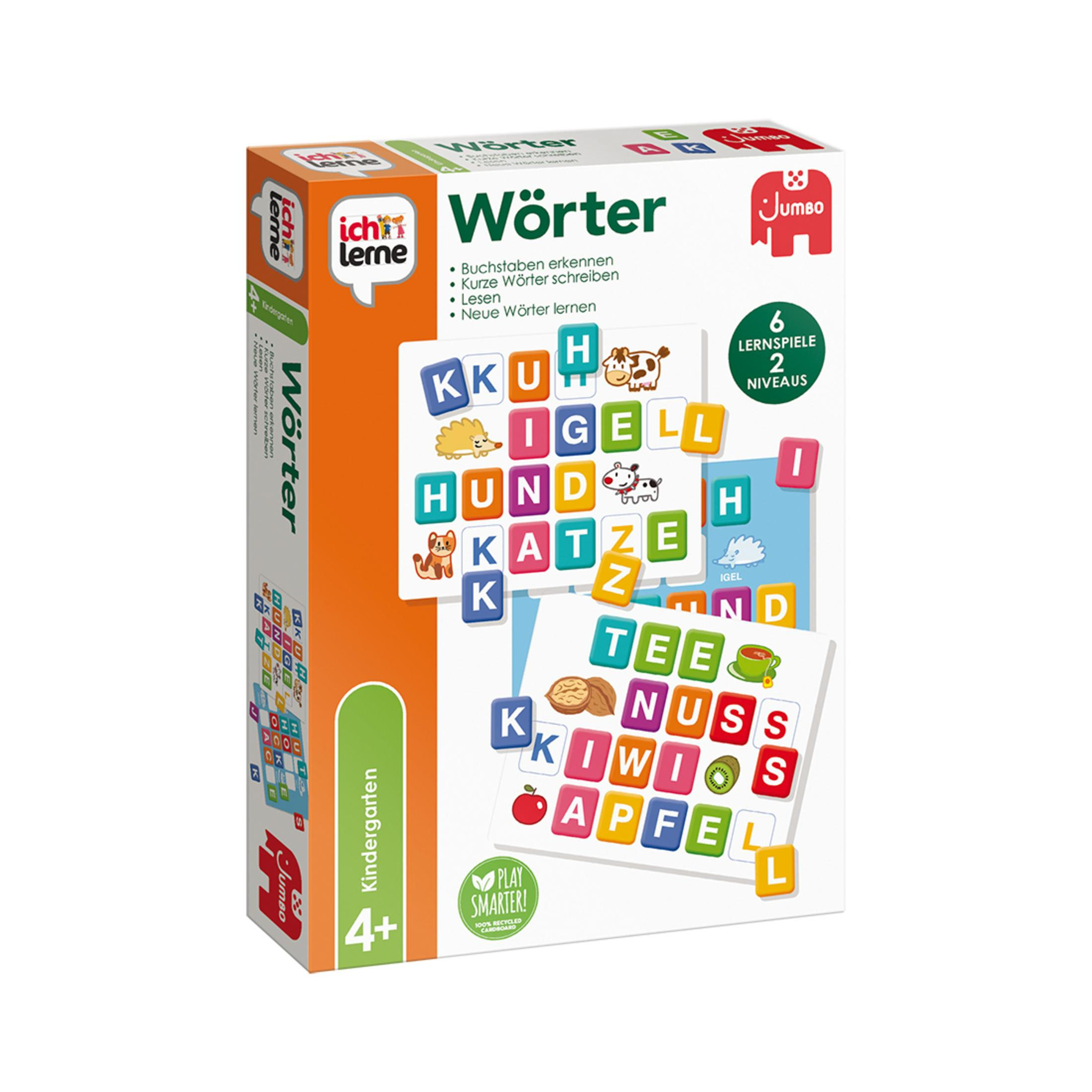 Eine Wortlernspielbox mit bunten Buchstaben, Bildern und deutschem Text.