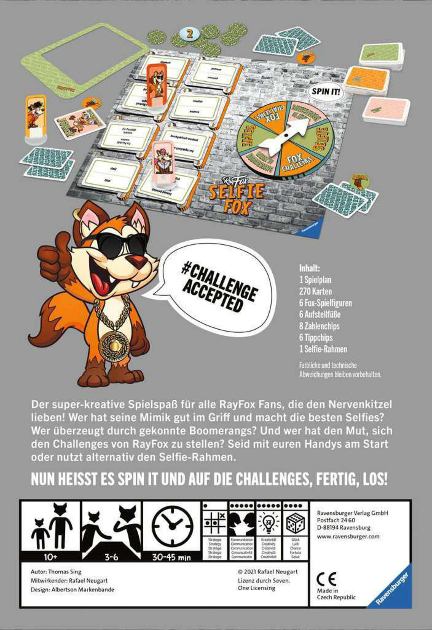 Spielkartonrückseite, mit einem Cartoon-Fuchs mit Sonnenbrille, Spielbrett, Karten und Spieldetails.