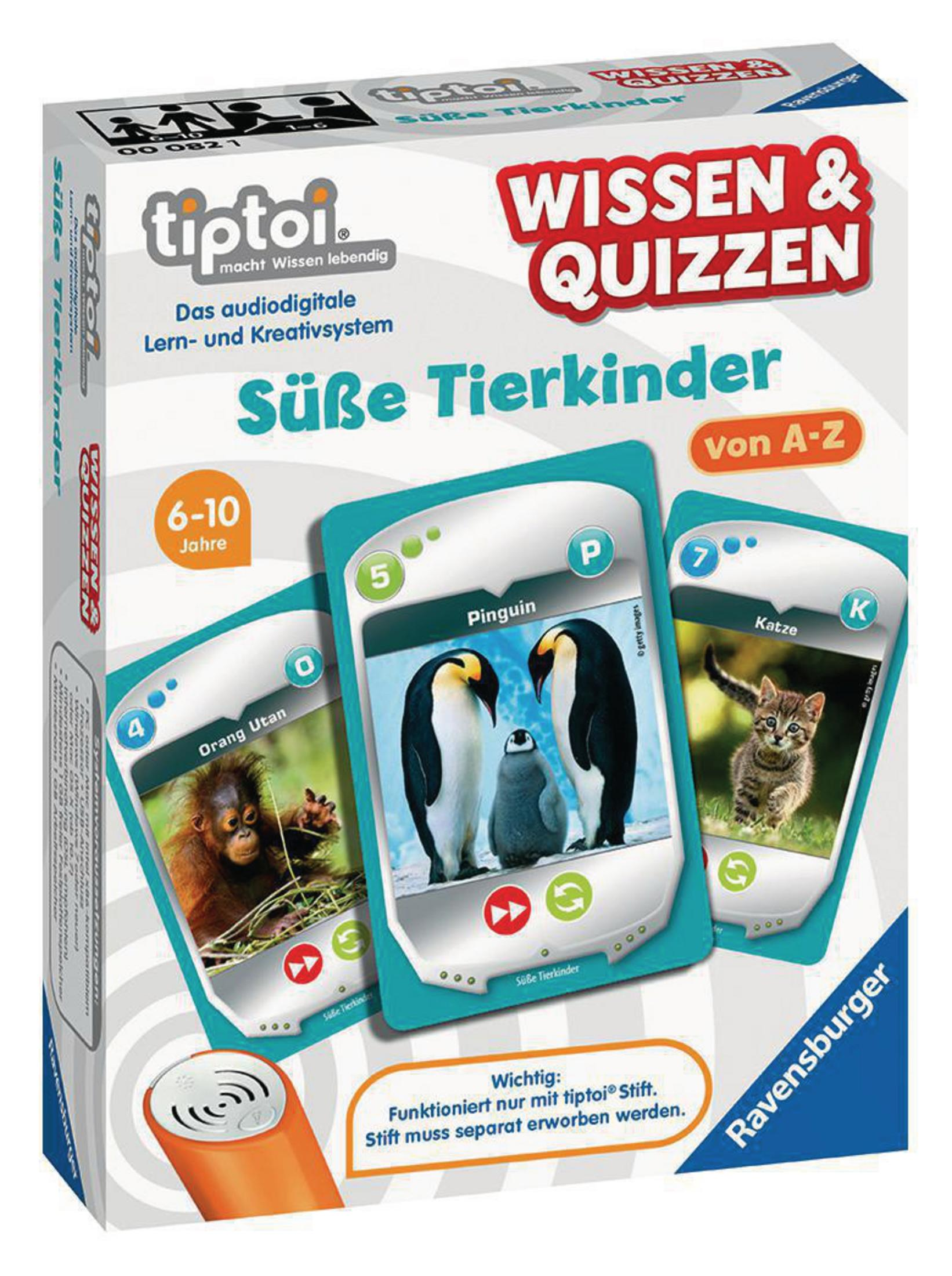 Spielbox mit Tierkarten, mit Orang-Utan, Pinguin und Katze. Auf der Box steht 'Wissen & Quizzen'.