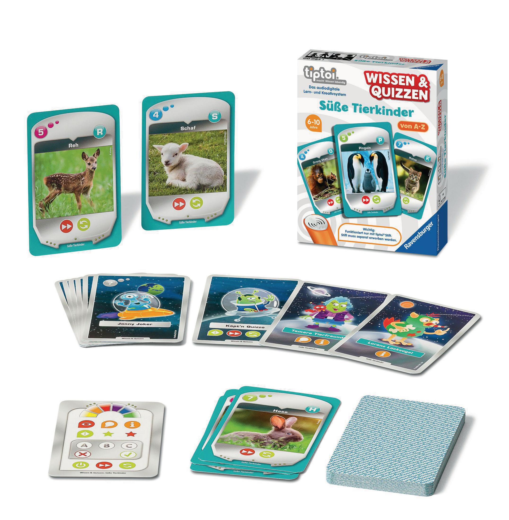 Verschiedene Spielkomponenten, darunter Tierkarten, Spielkarten und eine Box. Karten zeigen Tiere und Aliens.