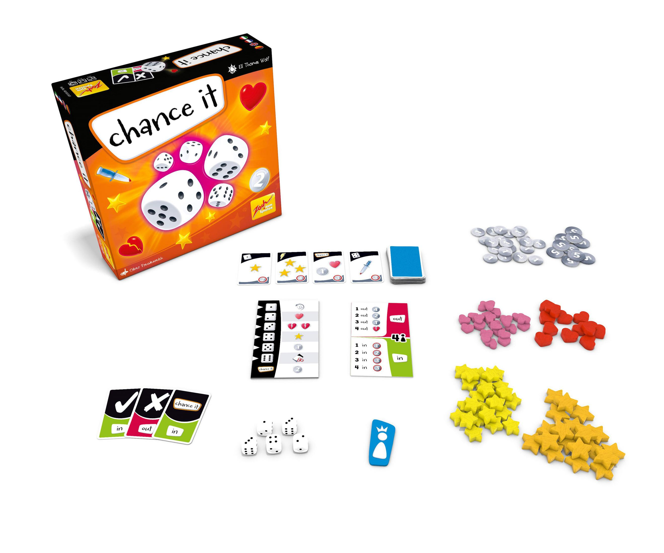 Gioco da tavolo 'chance it' con dadi, carte e gettoni su bianco.