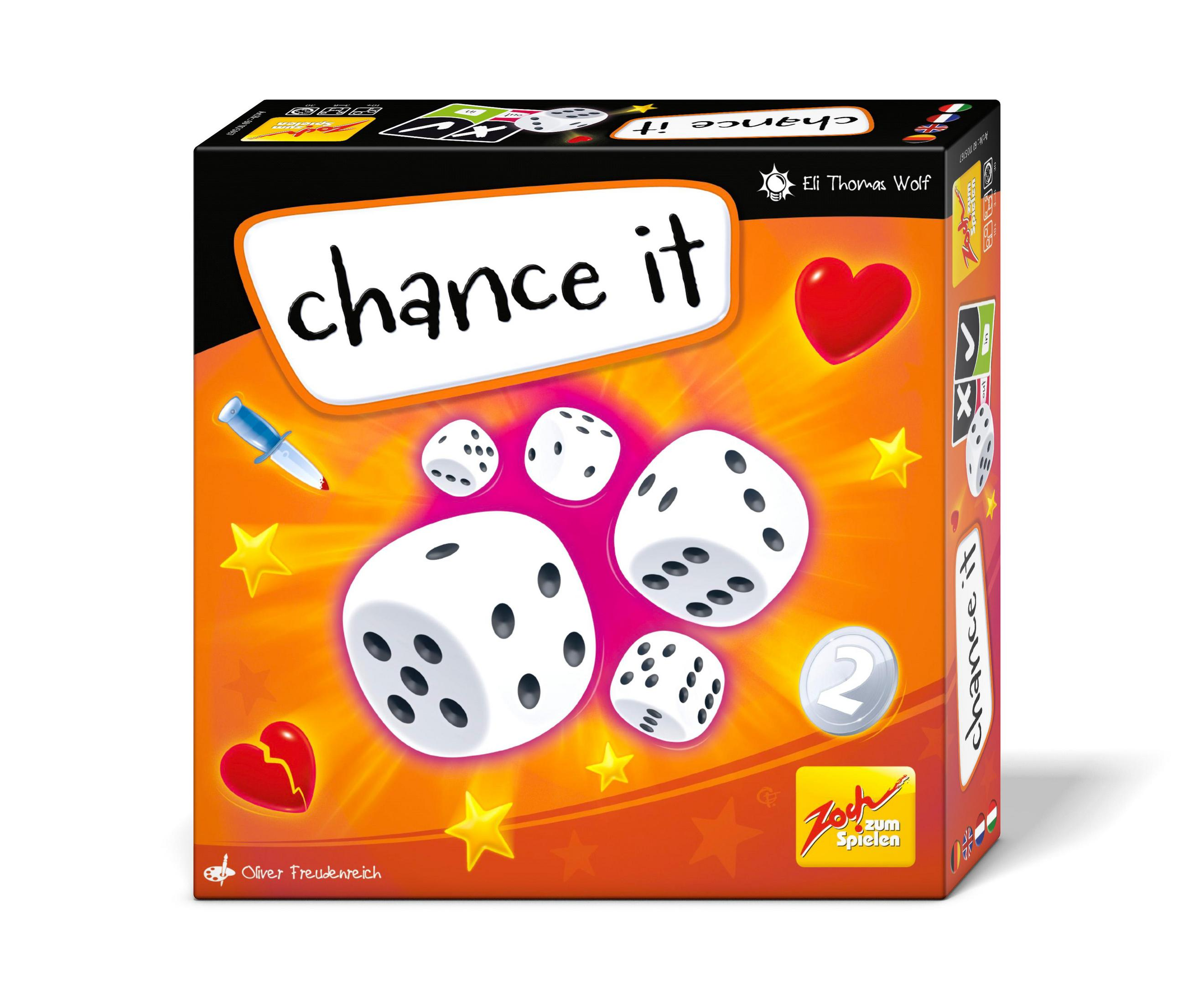 Scatola del gioco da tavolo Chance It. Dadi, stelle e un'illustrazione di penna su sfondo arancione.