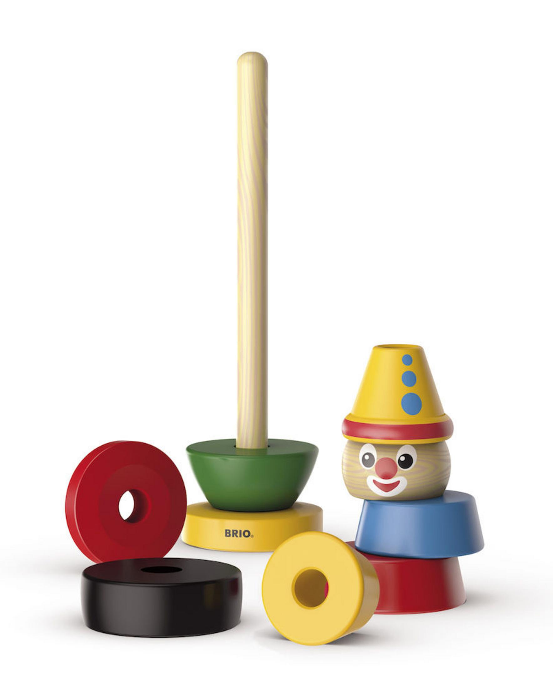 Holz-Steckspielzeug mit Clowns-Kopf, farbigen Ringen und Holzpfahl-Sockel.
