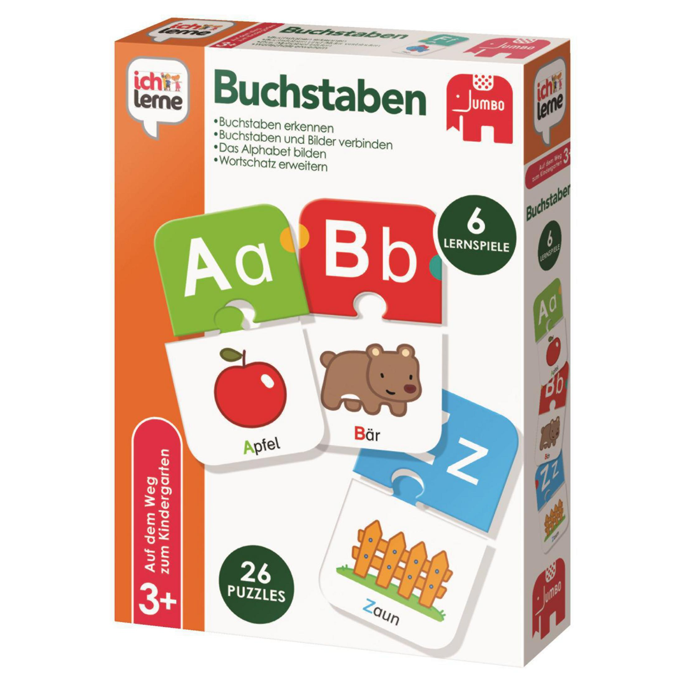 Box-Set mit Kinderpuzzles mit Buchstaben, Wörtern und Bildern.