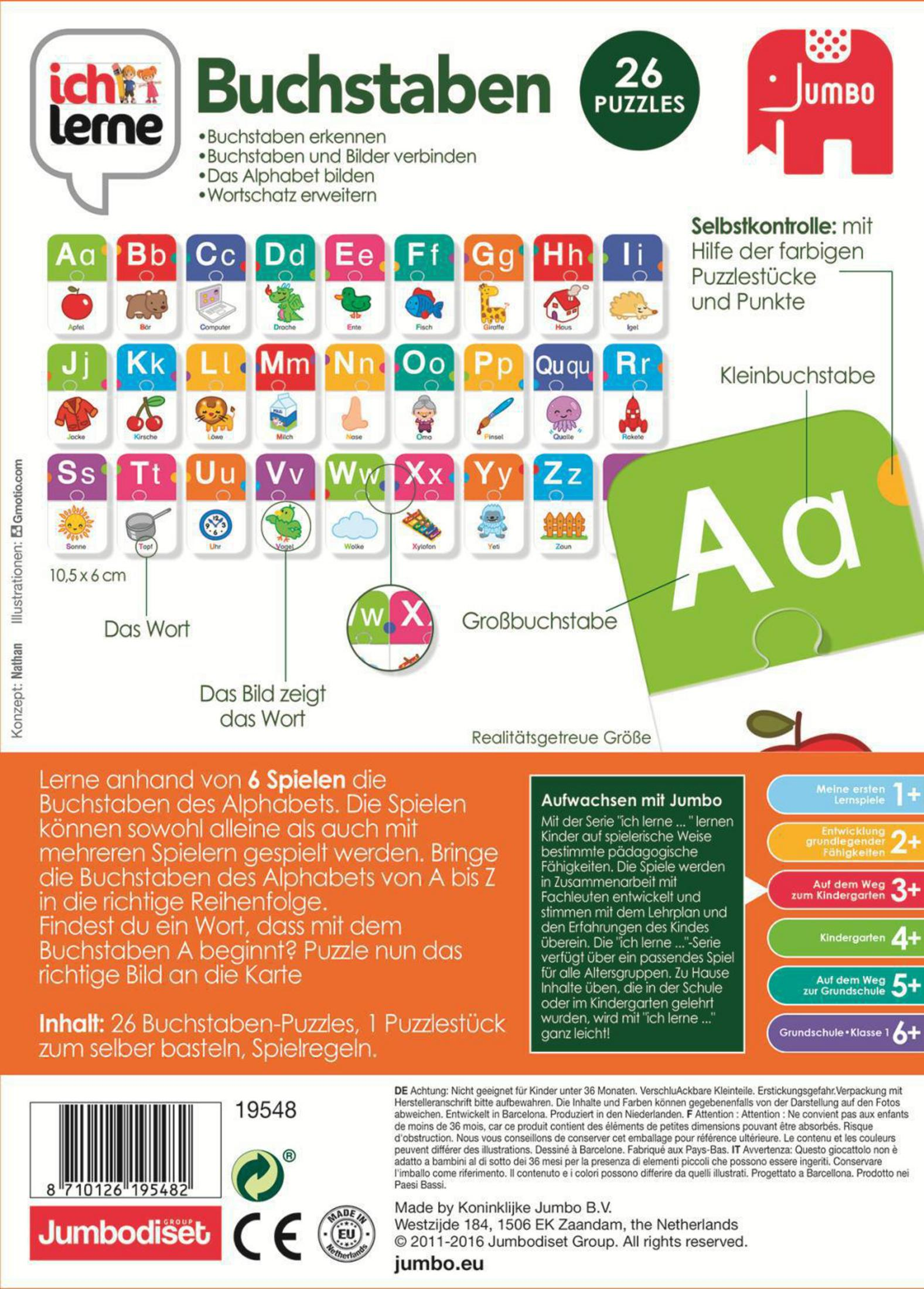 Lernspielbox mit Buchstaben und Puzzleteilen. Bunte Illustrationen und Text über das Lernen.