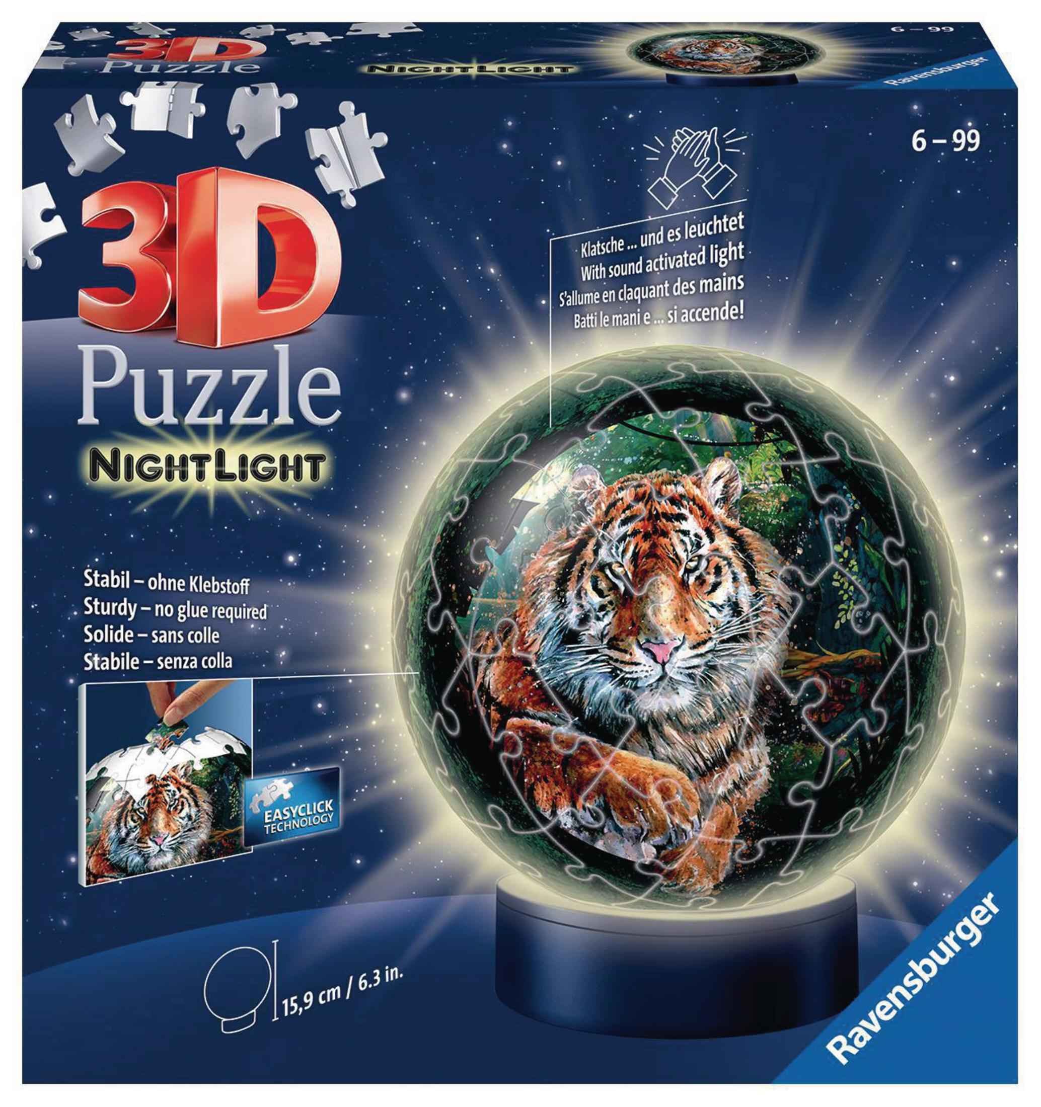 Pudełko z puzzlami 3D przedstawiające obraz tygrysa w świecącej kuli.