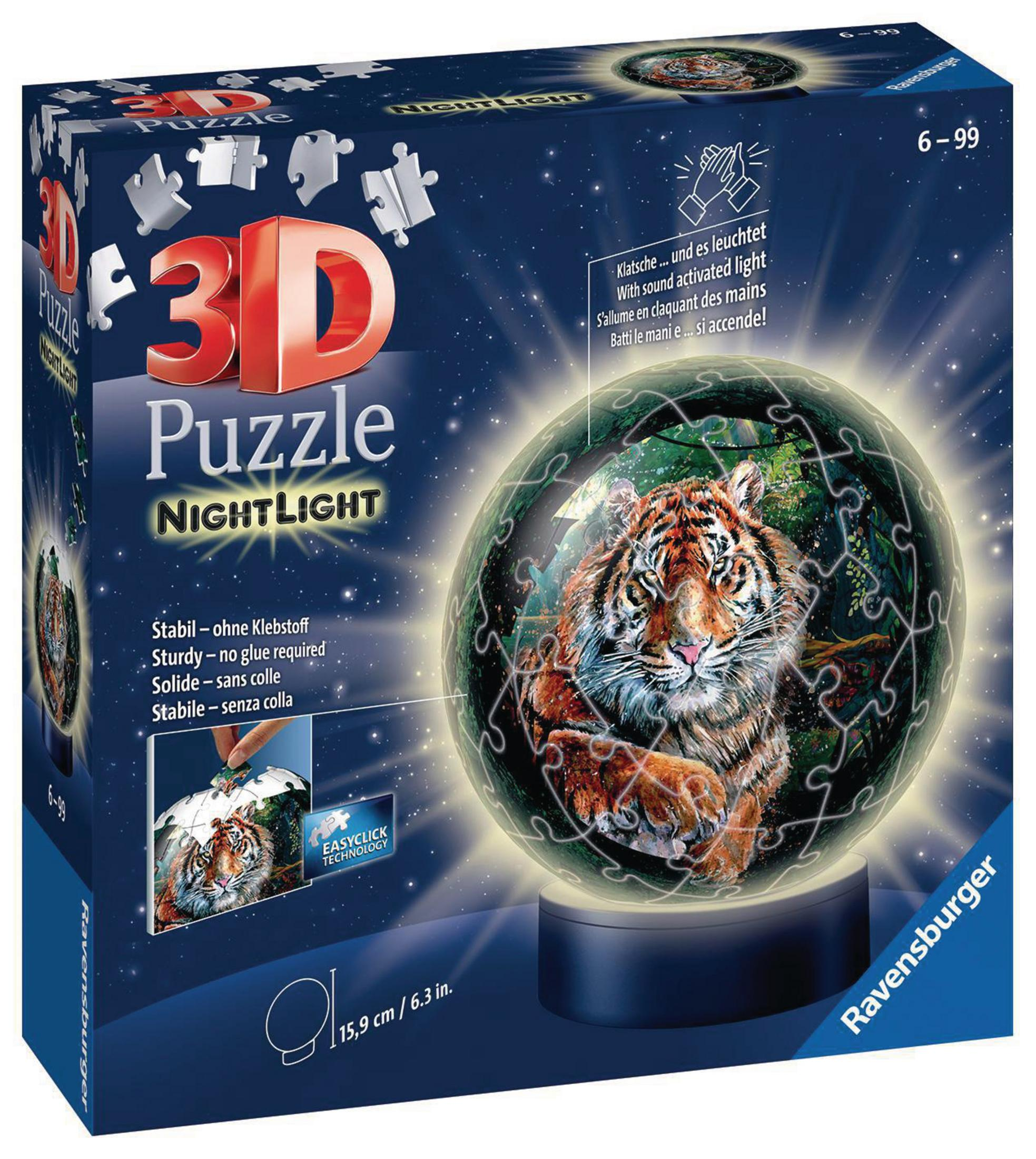 Pudełko z puzzlami 3D przedstawiające tygrysa w kuli. Tekst mówi 'NightLight' i '6-99'.