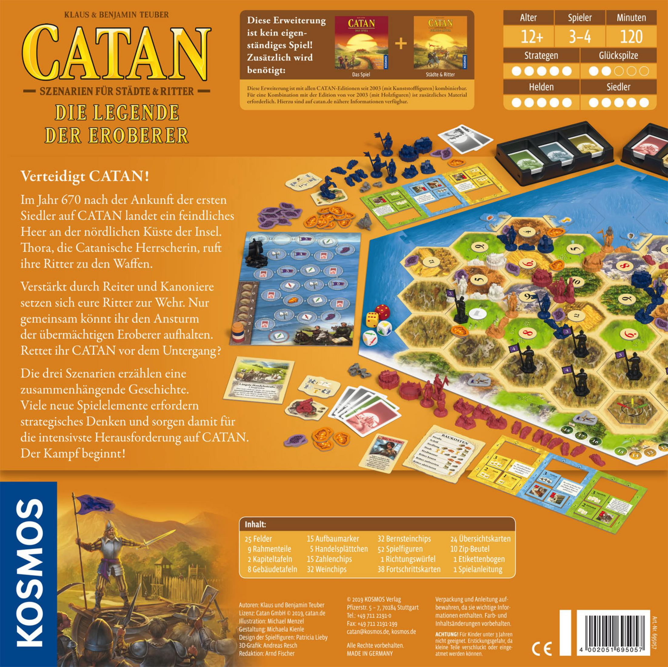 Catan-Brettspielbox. Sie zeigt die Spielelemente und Text auf Deutsch. Es ist ein Brettspiel über Siedler.
