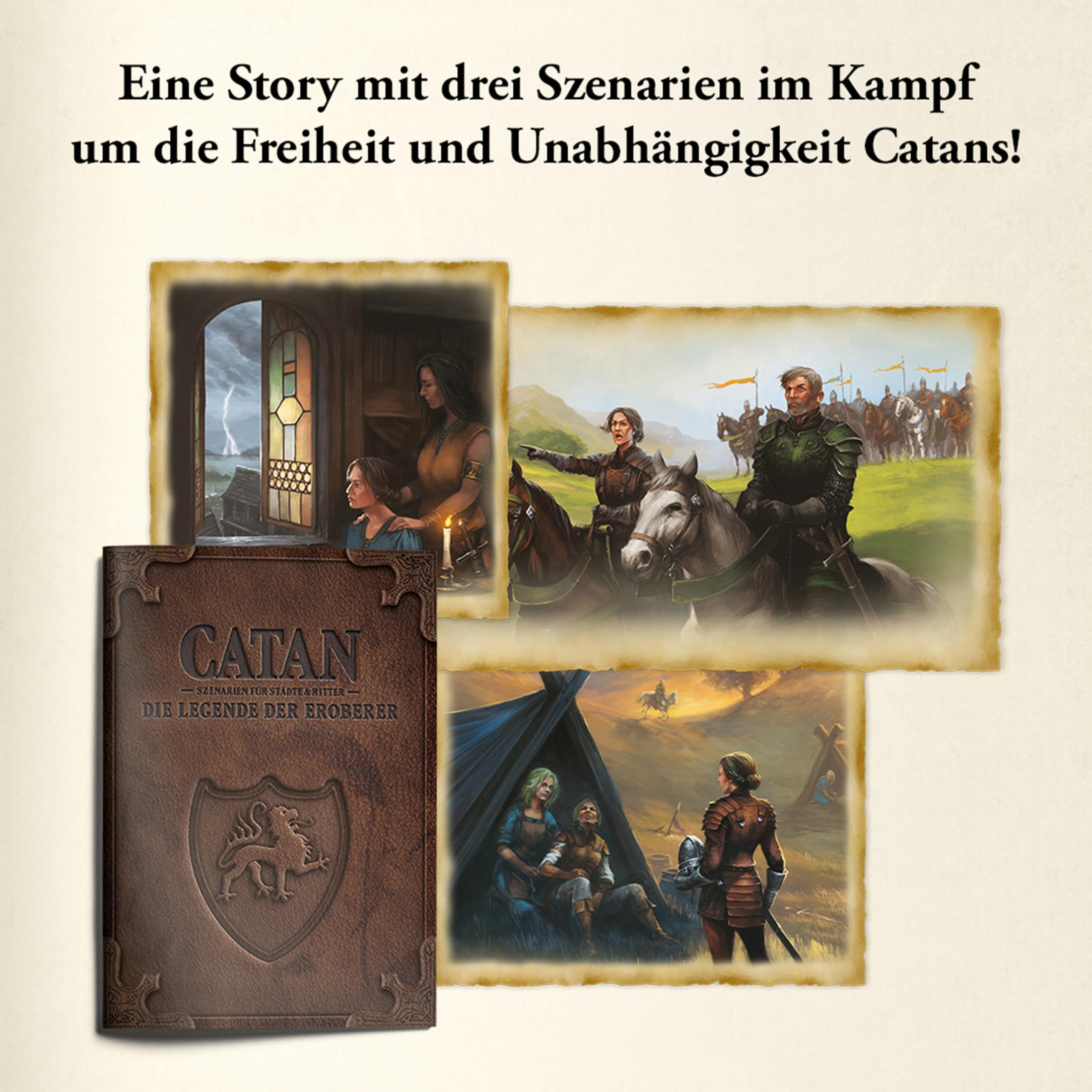 Catan-Brettspielbox mit Szenarien-Kunst. Szenen zeigen Ritter, Frauen und einen Buchumschlag.