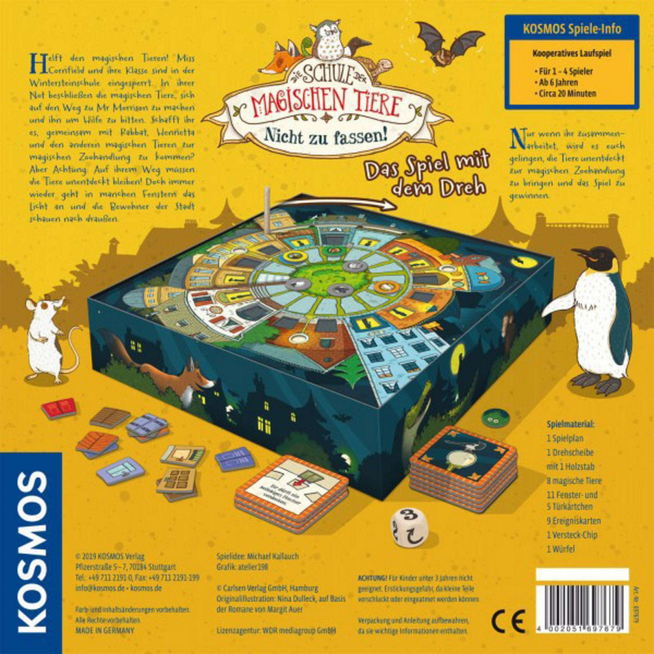 Brettspiel-Box. Titel: Die Schule der magischen Tiere. Bunte Illustration von Tieren auf einem Brett.