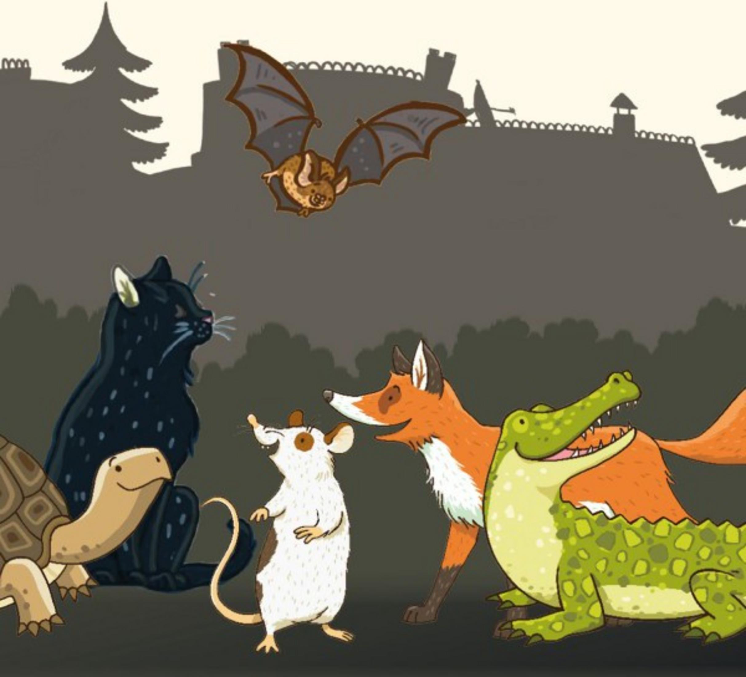 Ein Cartoon mit Tieren: eine Katze, eine Ratte, ein Fuchs, ein Krokodil, eine Schildkröte und eine Fledermaus. Grauer Hintergrund.