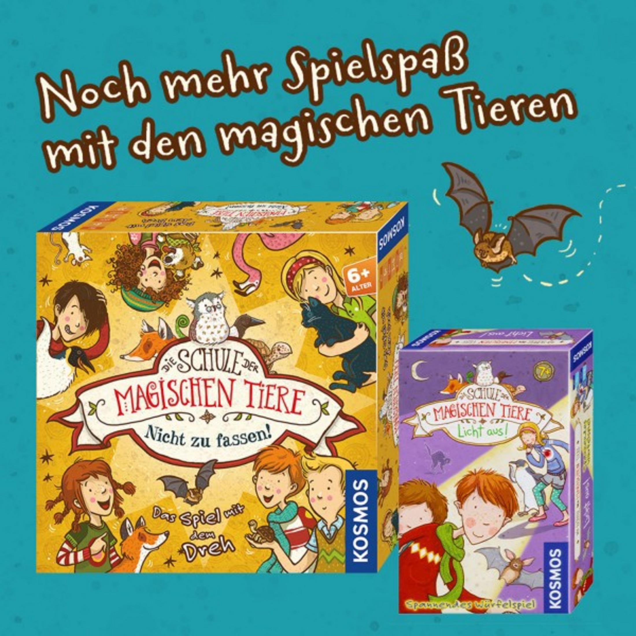 Zwei Brettspielboxen mit Cartoon-Illustrationen und deutschem Text, die Kinder und Fantasy-Elemente zeigen.