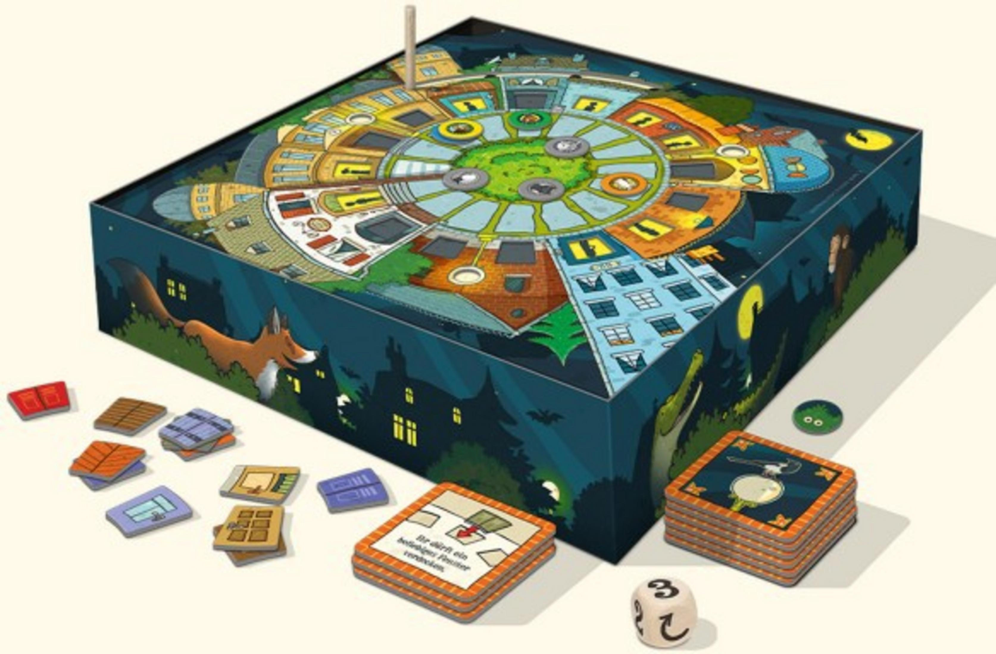 Brettspielbox mit Stadt-Design, Fuchs und Krokodil, Spielteile auf der Oberfläche.