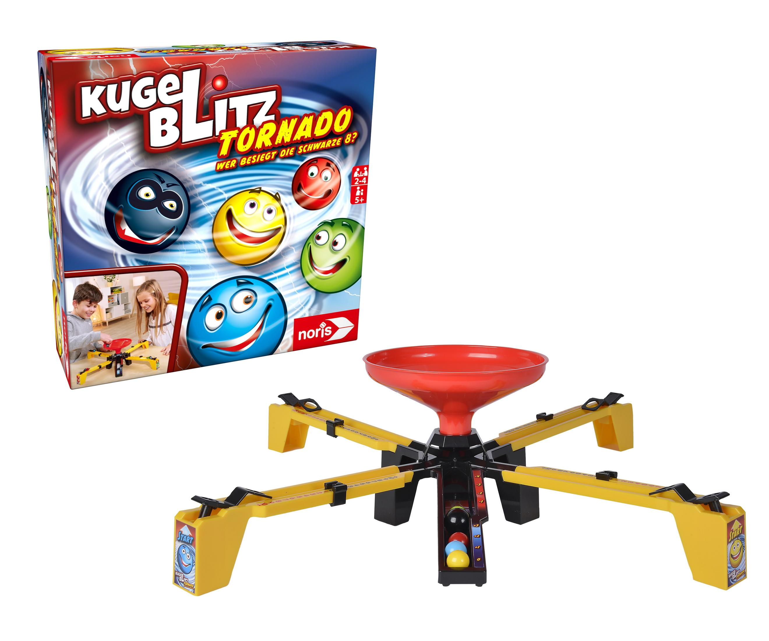 Ein Brettspiel 'Kugelblitz Tornado' mit rotem Trichter und gelben Armen.