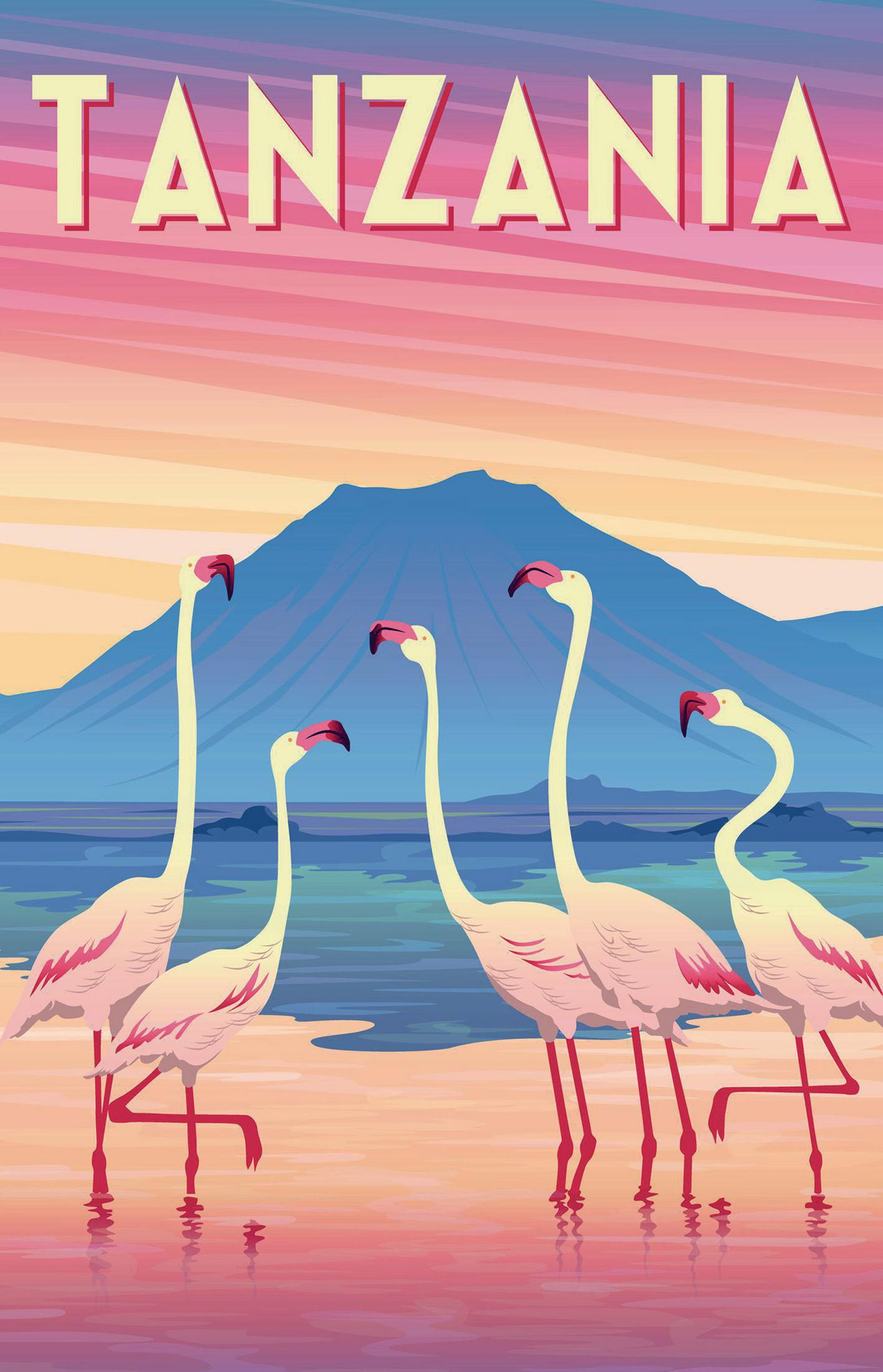 Illustrazione della Tanzania con fenicotteri in primo piano, un lago e una montagna. Il cielo è rosa.