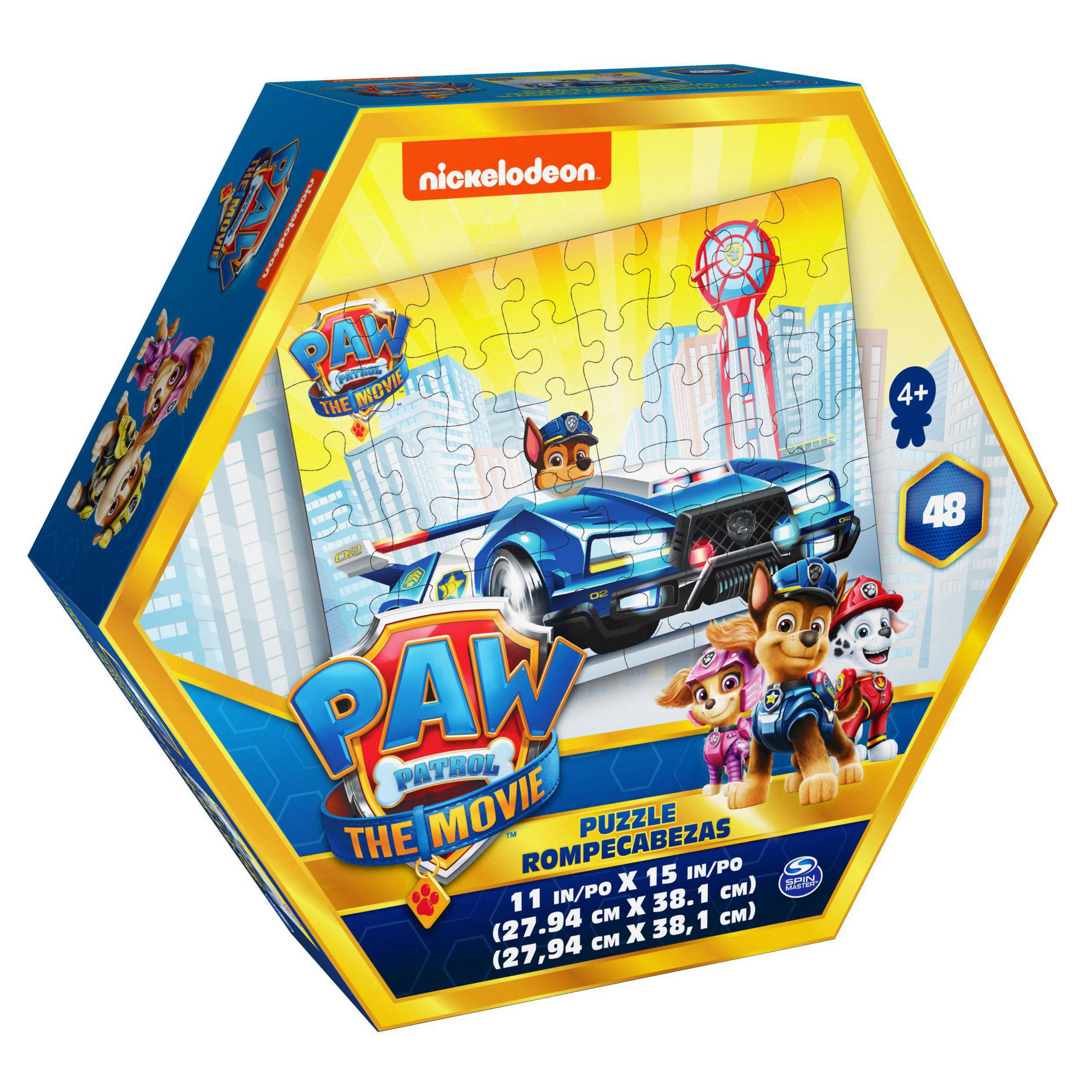 Paw Patrol Puzzlebox mit einem Auto und Zeichentrickfiguren. Helle Farben, lustiges Bild.