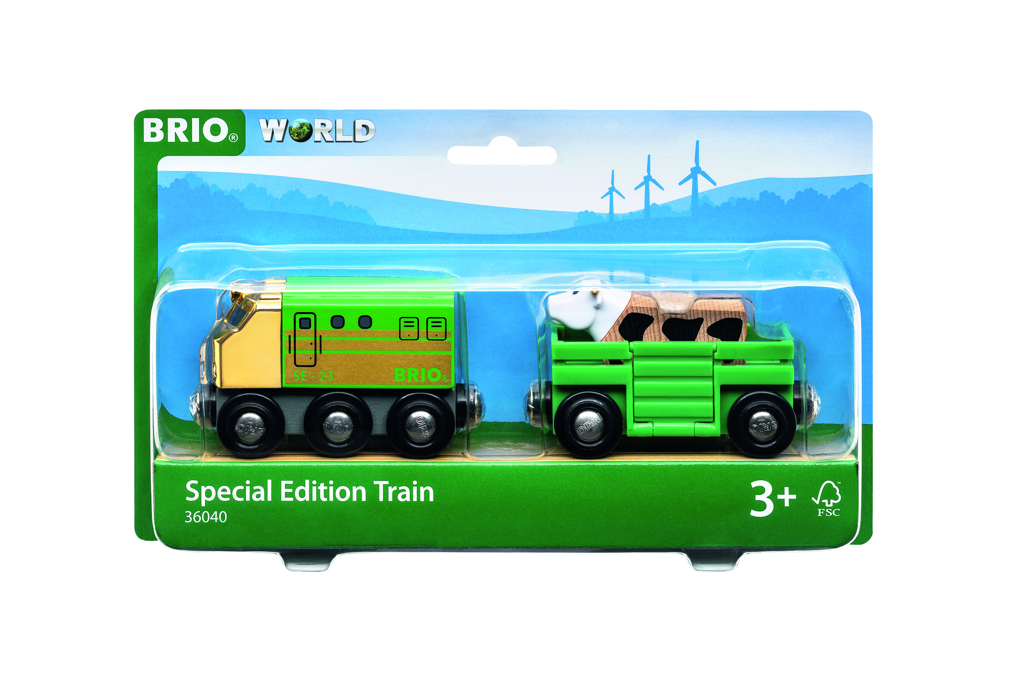 Pudełko z zestawem zabawek kolejowych. Wagony są zielone i żółte. Tekst: Brio World Special Edition Train.