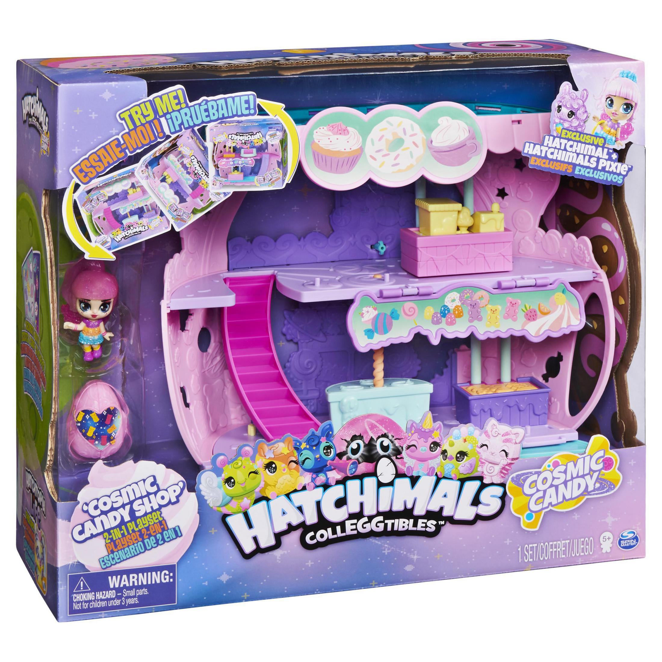 Zestaw zabawek Hatchimals Cosmic Candy Shop z postaciami, różowy, fioletowy i biały.